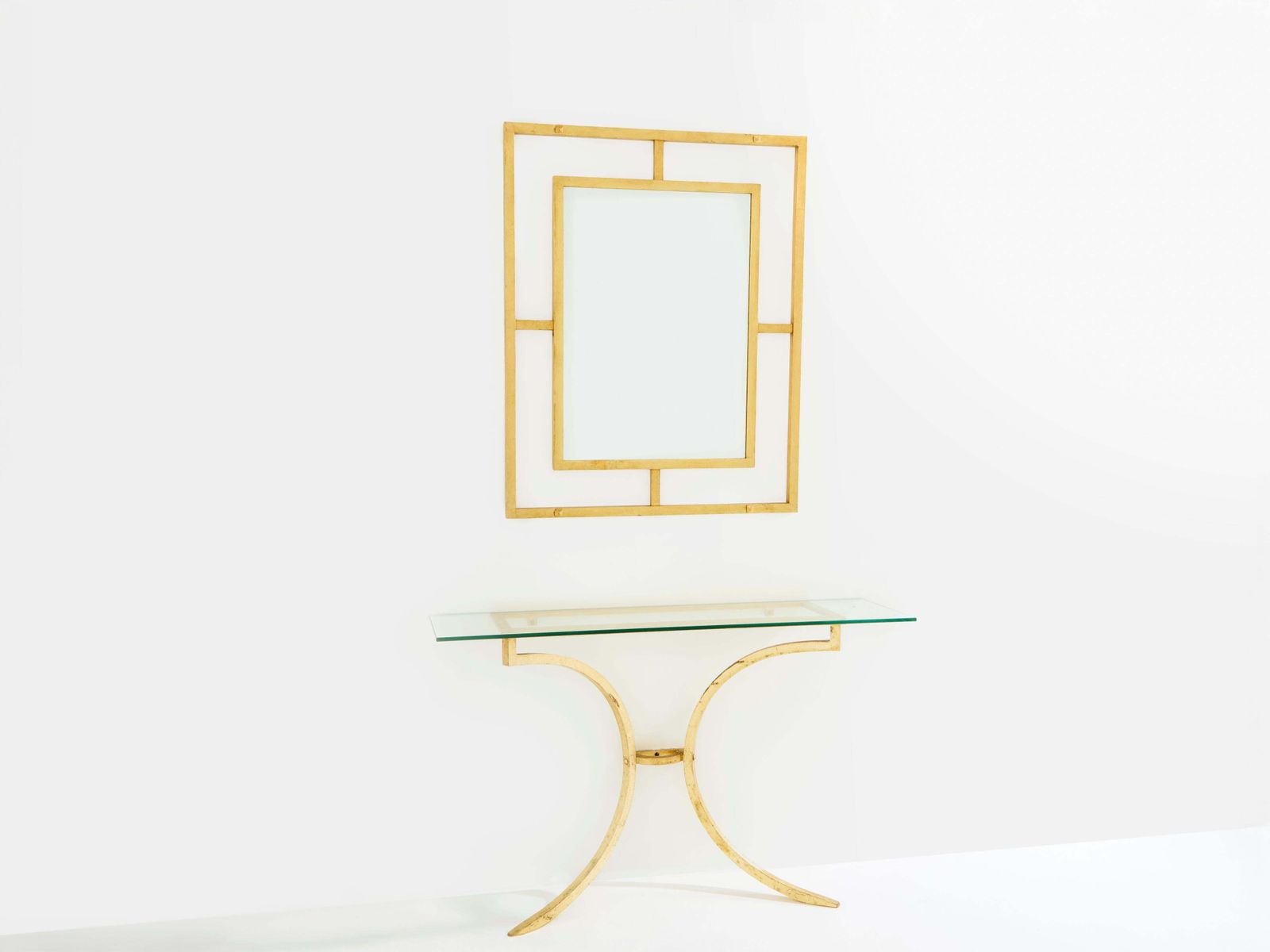 Console Roger Thibier en fer forgé doré avec miroir, années 1960 photo for sale