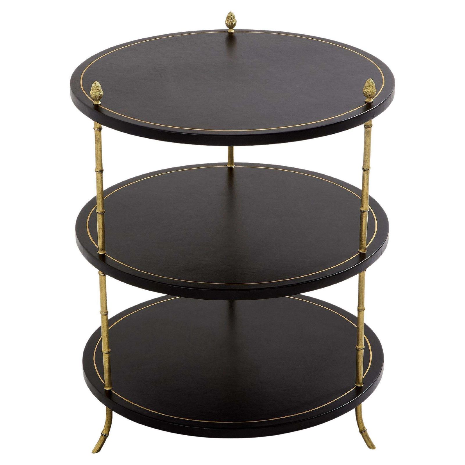 Maison Jansen Three Tier Gueridon Table Bronze Black Leather 1970s
