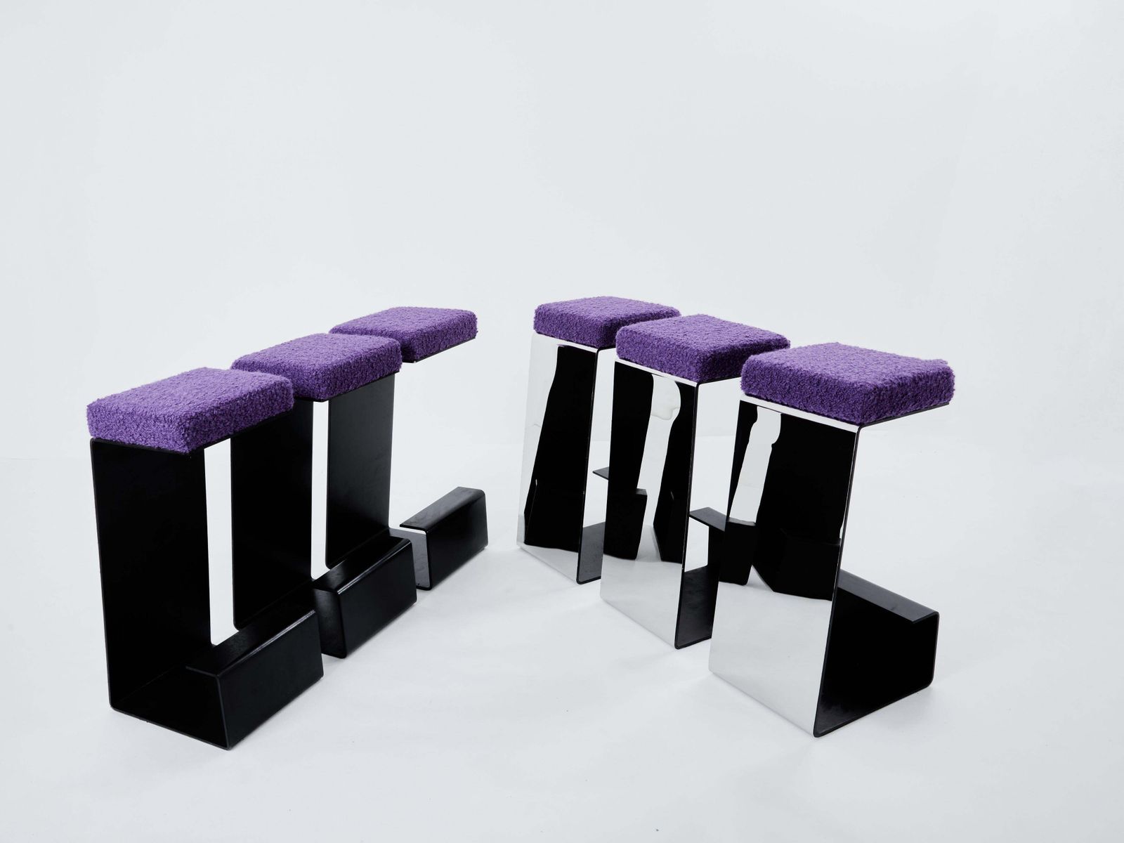 Furniture Set Of Six French Wrought Iron Polished Steel Bouclé Bar Stools 1970s photo