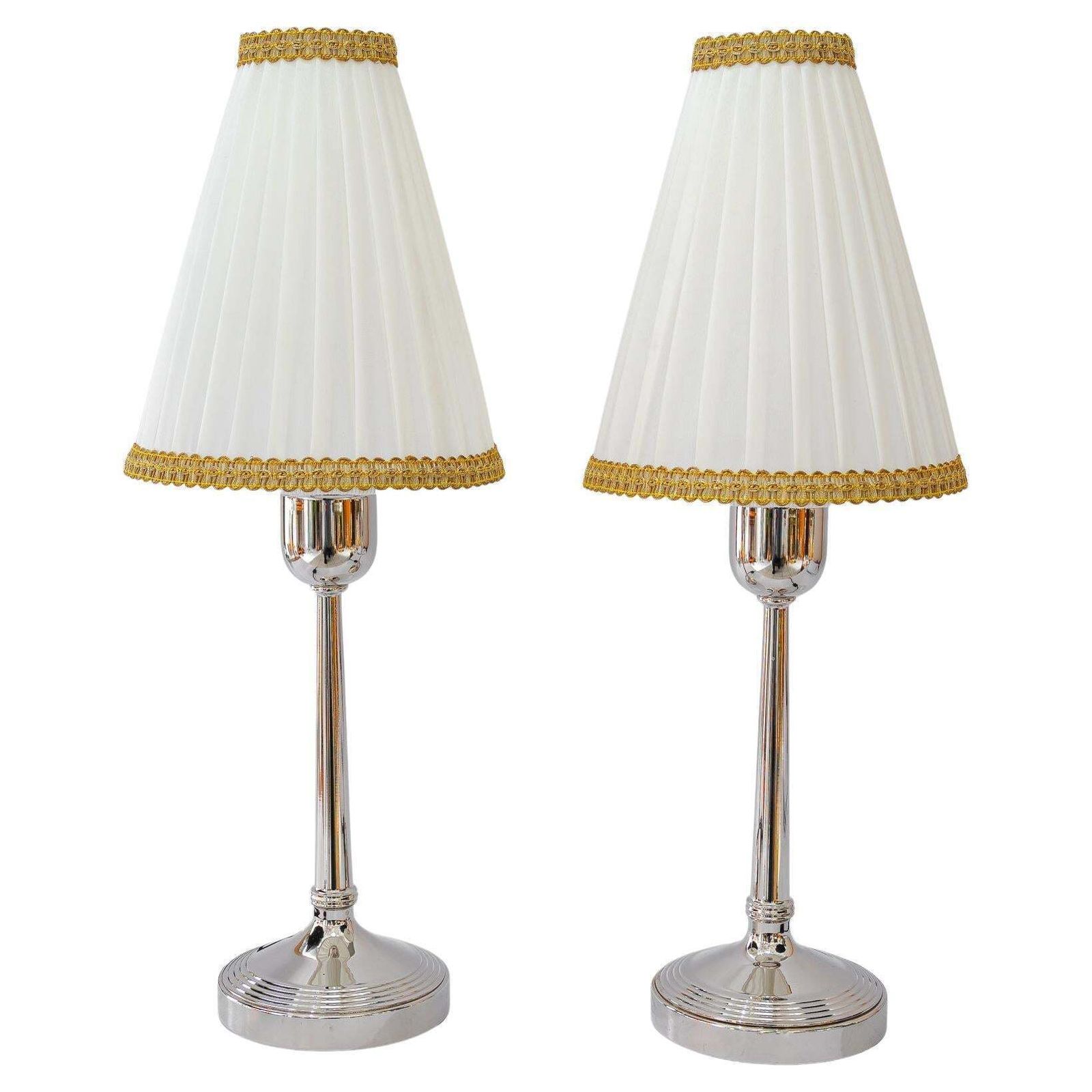 2 Brass Nickel Plated Art Deco Table Lamps With Fabric Shades Vienna Around 1920