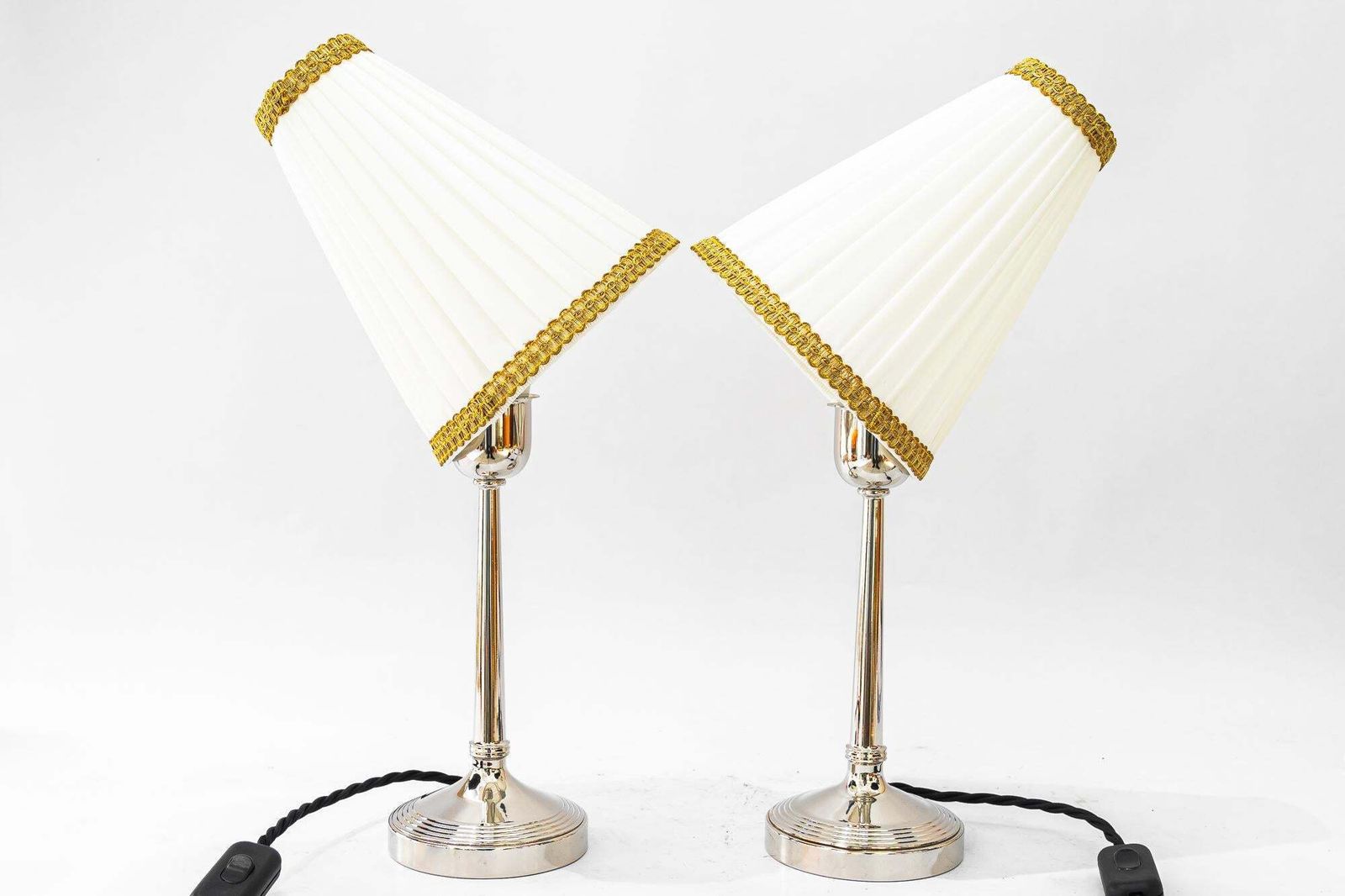 photo furniture 2 Brass Nickel Plated Art Deco Table Lamps With Fabric Shades Vienna Around 1920