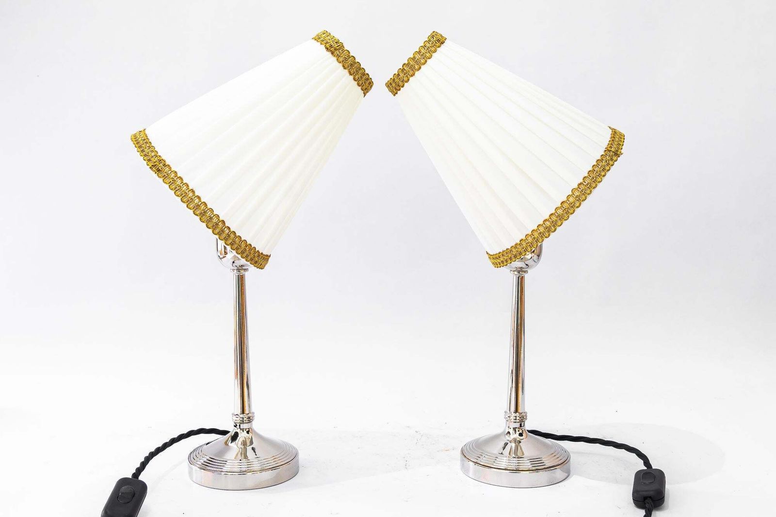photo for sale 2 Brass Nickel Plated Art Deco Table Lamps With Fabric Shades Vienna Around 1920