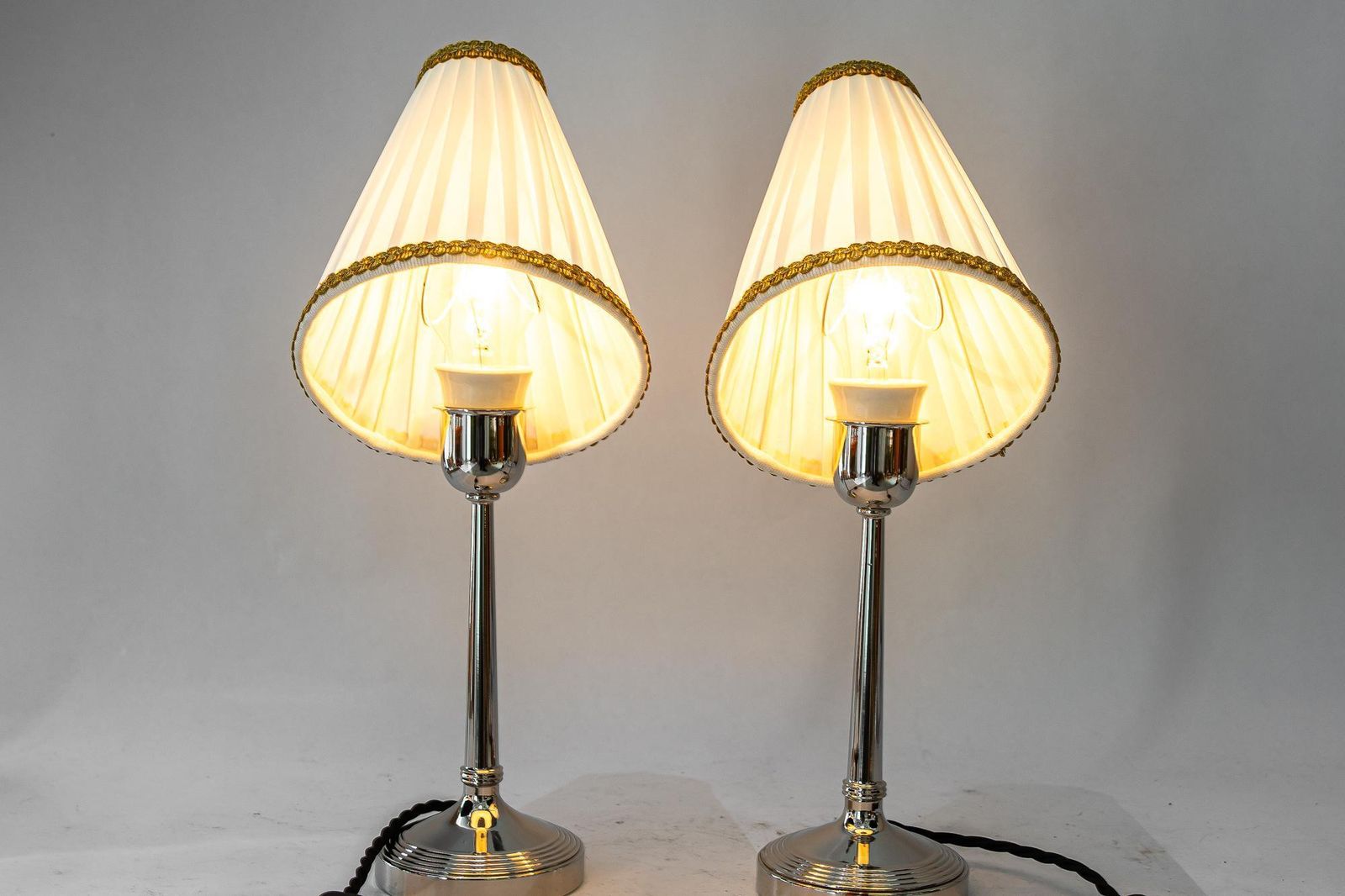 652.0 2 Brass Nickel Plated Art Deco Table Lamps With Fabric Shades Vienna Around 1920 photo