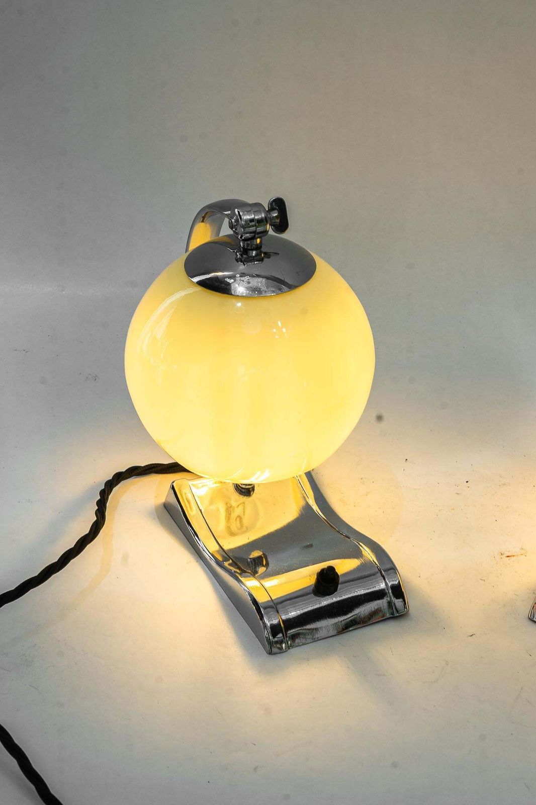 photo for sale 2 Art Deco Chromed Table Lamps With Original Old Glass Shades Around 1920s