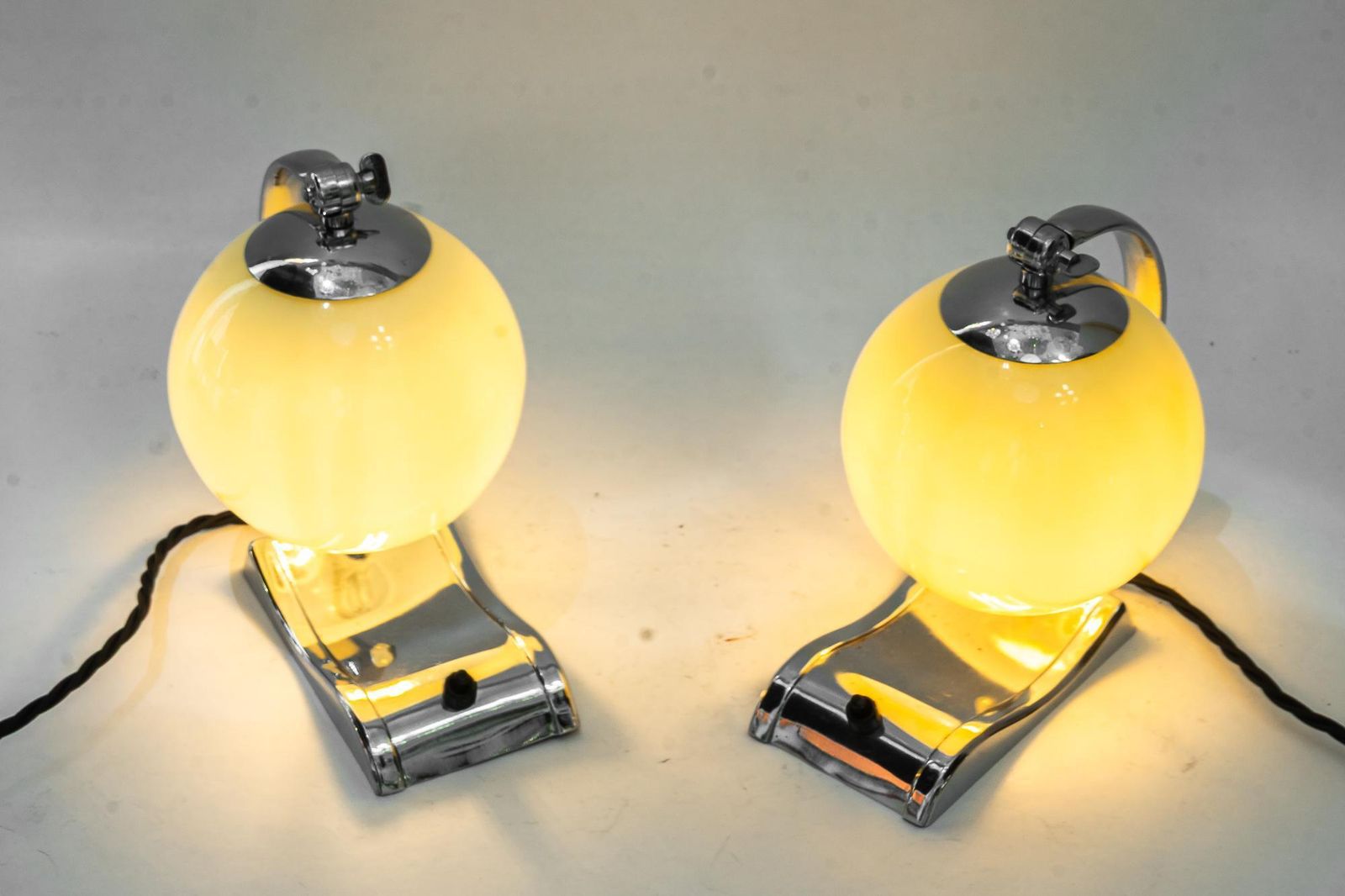 photo buy 2 Art Deco Chromed Table Lamps With Original Old Glass Shades Around 1920s