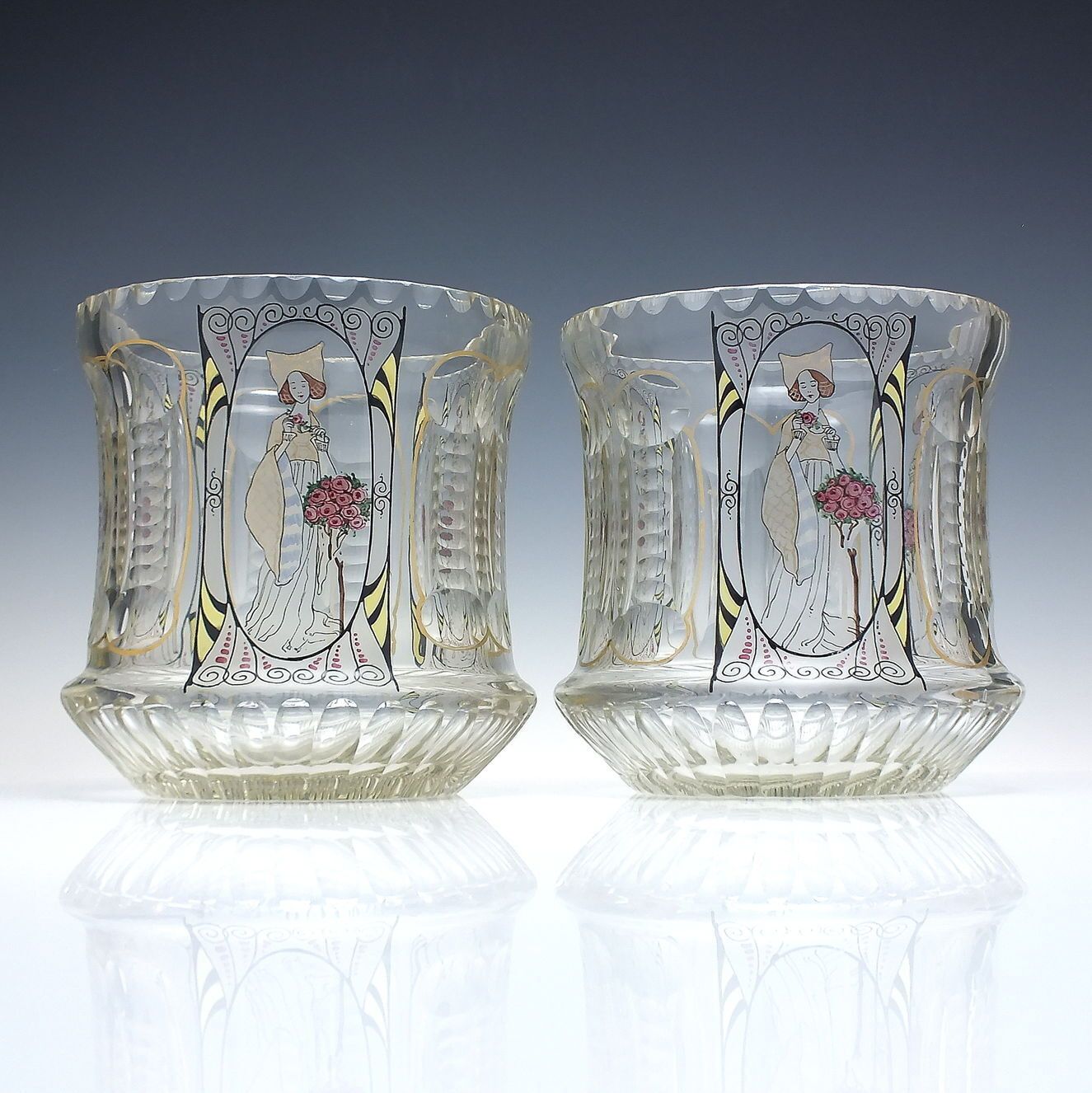 Pair Fachschule Steinschönau Enamelled Art Nouveau / Deco Glass Vases C1920