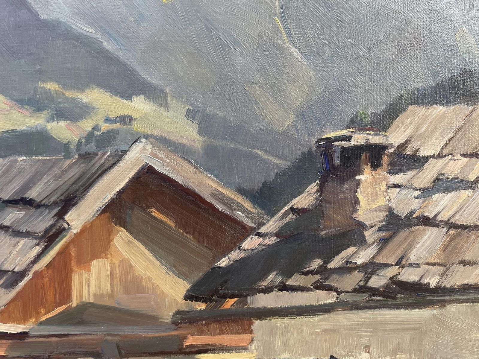 Huts In Landeck – European Alps   Oil On Canvas photo vintage