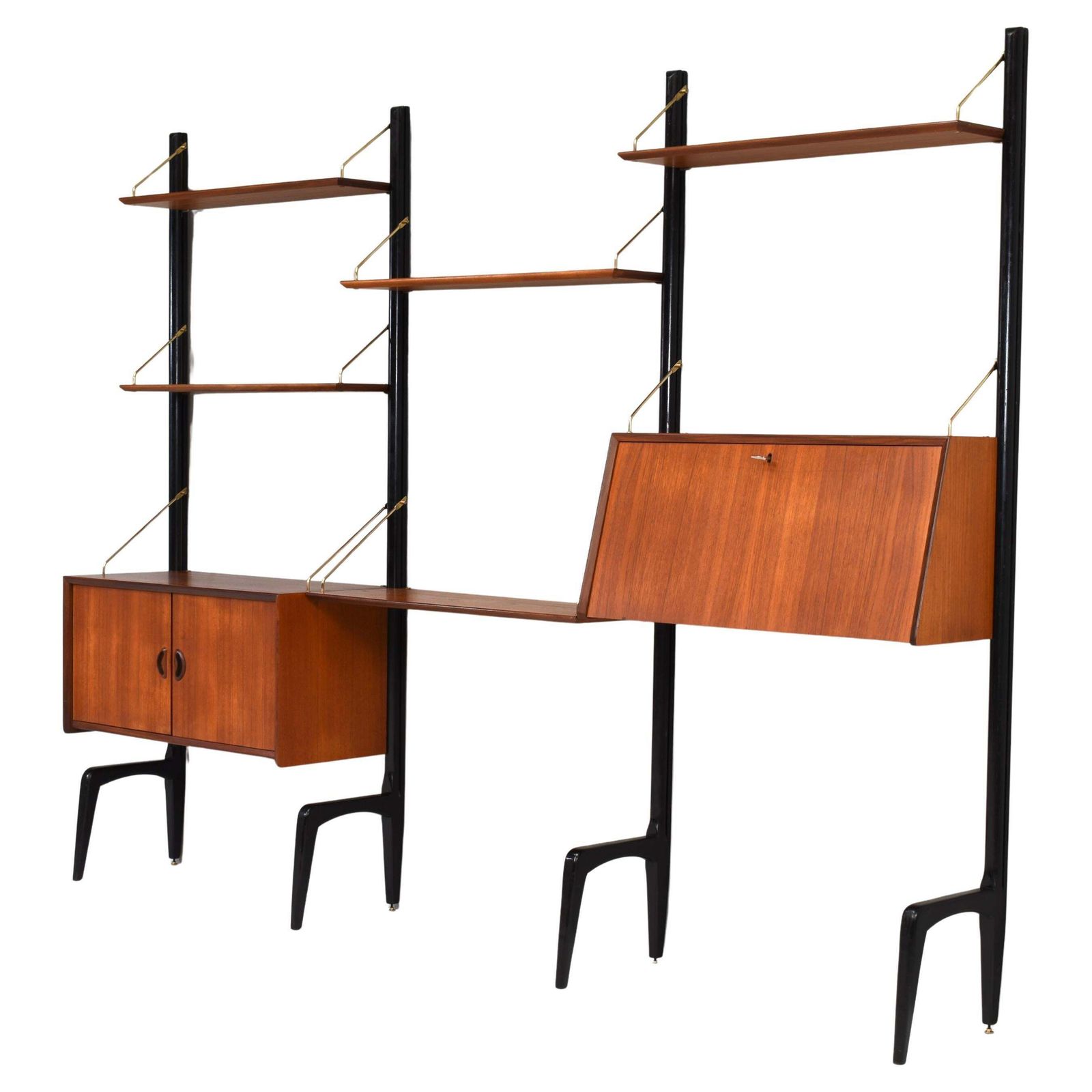 Louis Van Teeffelen Wall Unit In Teak And Brass By Webe, Netherlands, Circa 1950