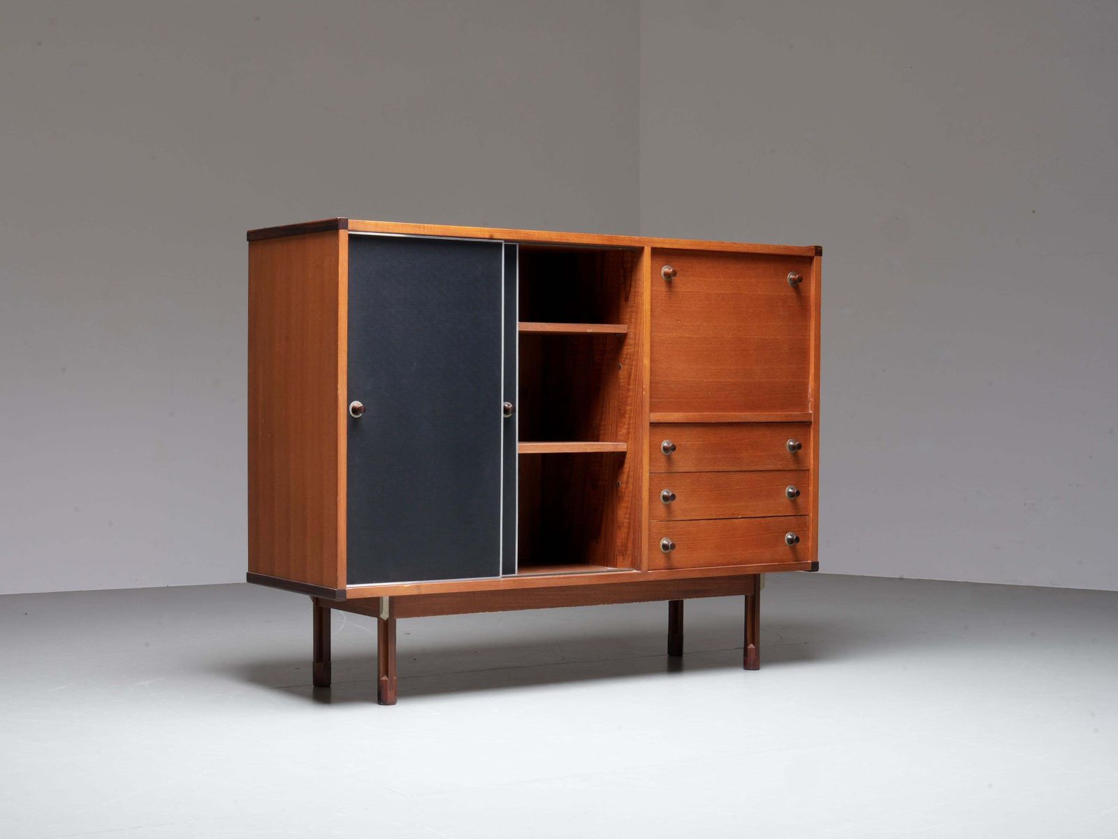 Italian Cabinet/ Secretary In Teak, Metal And Black Laminate, 1960's. photo for sale