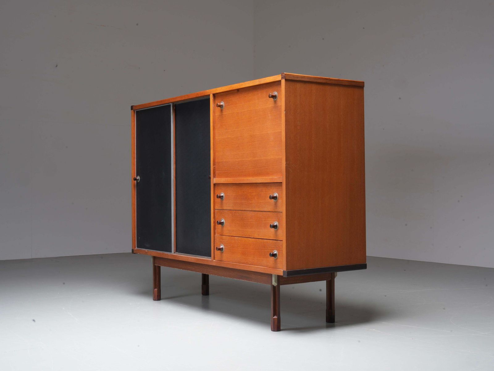 Italian Cabinet/ Secretary In Teak, Metal And Black Laminate, 1960's. photo vinterior