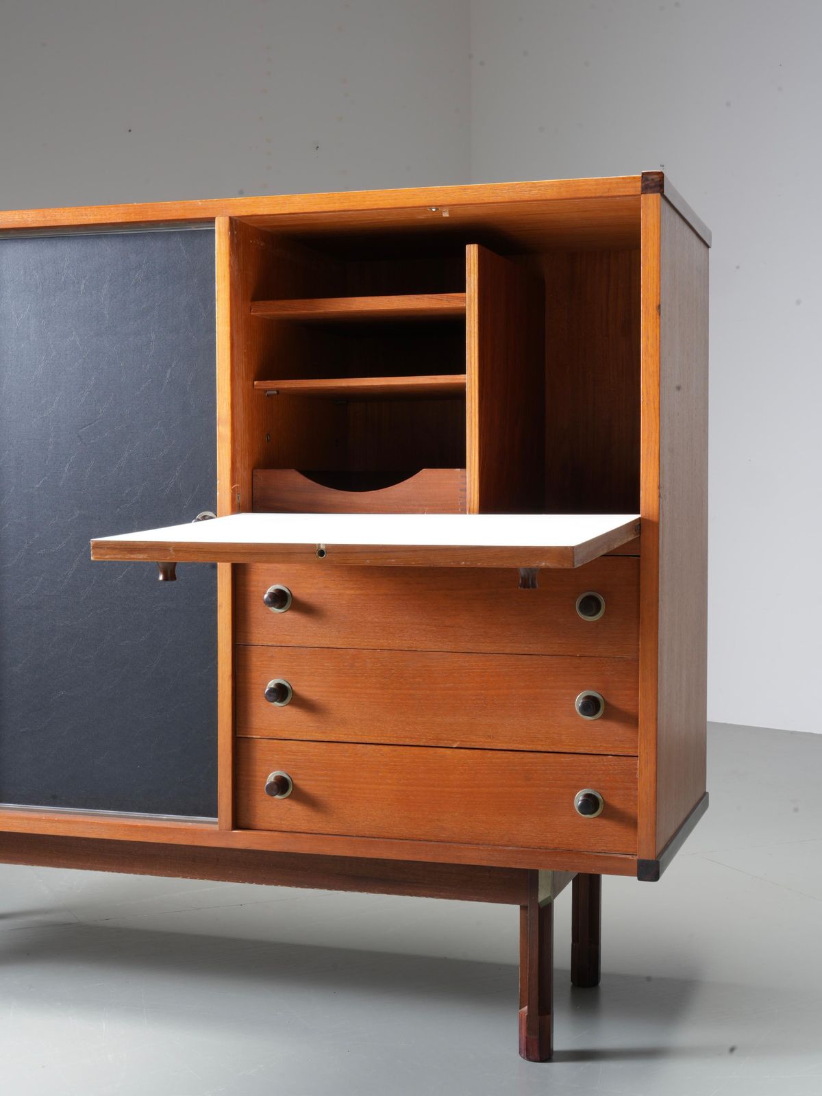 Italian Cabinet/ Secretary In Teak, Metal And Black Laminate, 1960's. photo buy