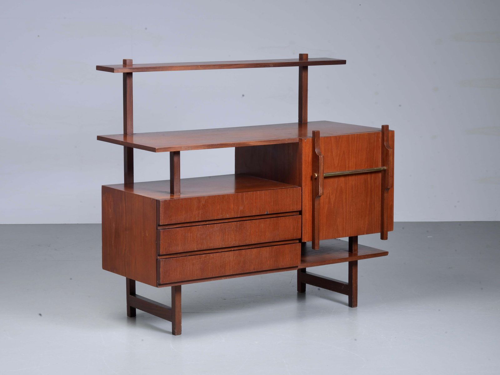 Geometrical Credenza In Wood And Brass, Italy 1960's photo Furniture