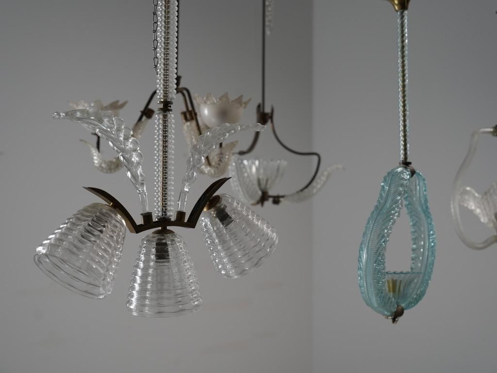 photo for sale Set Of 6 Pendants In Glass And Brass, Italy, 1940’s