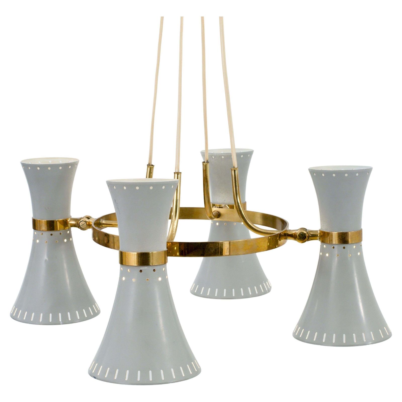 Ceiling Lamp With 4 Diabolo Shades In Brass And Metal, Italy, 1960's