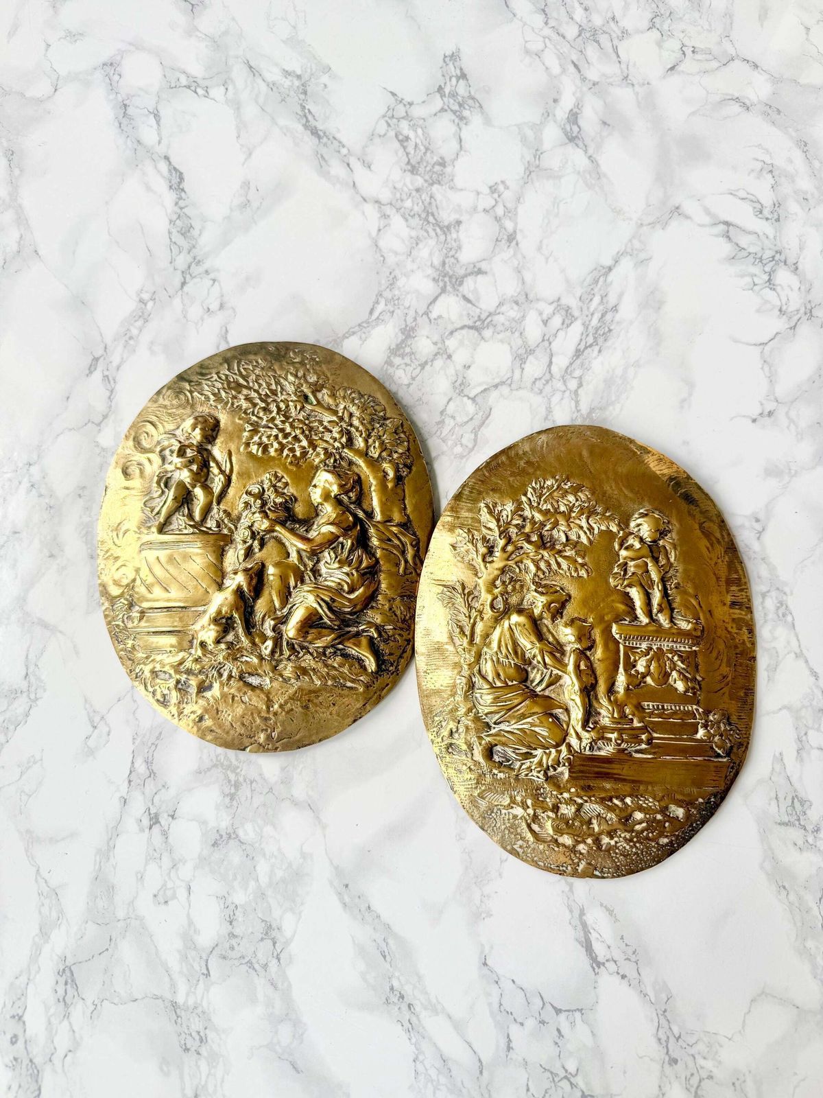 Antique Large Oval Cast Brass Bas Relief Depicting Offering To Love Cupid Rococo Pompadour French Style Tribute To Love Pair Hanging Plaque