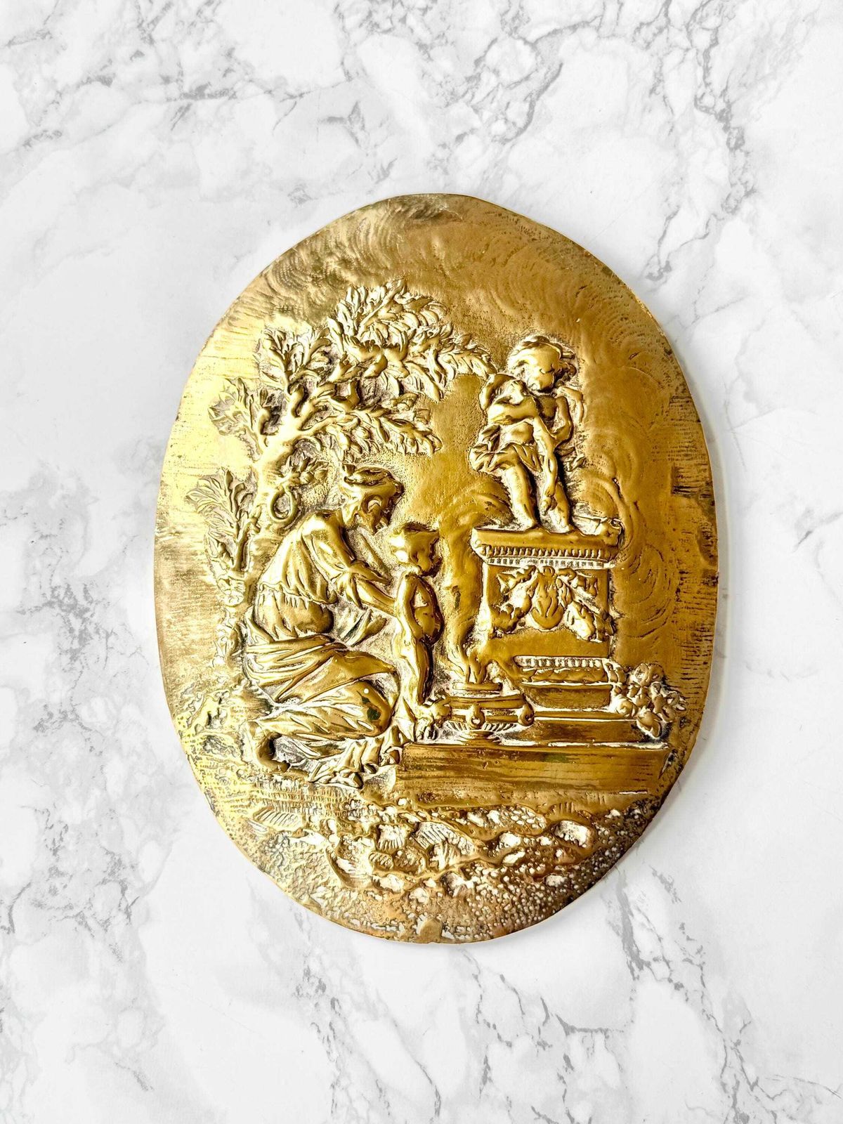 Antique Large Oval Cast Brass Bas Relief Depicting Offering To Love Cupid Rococo Pompadour French Style Tribute To Love Pair Hanging Plaque photo vinterior