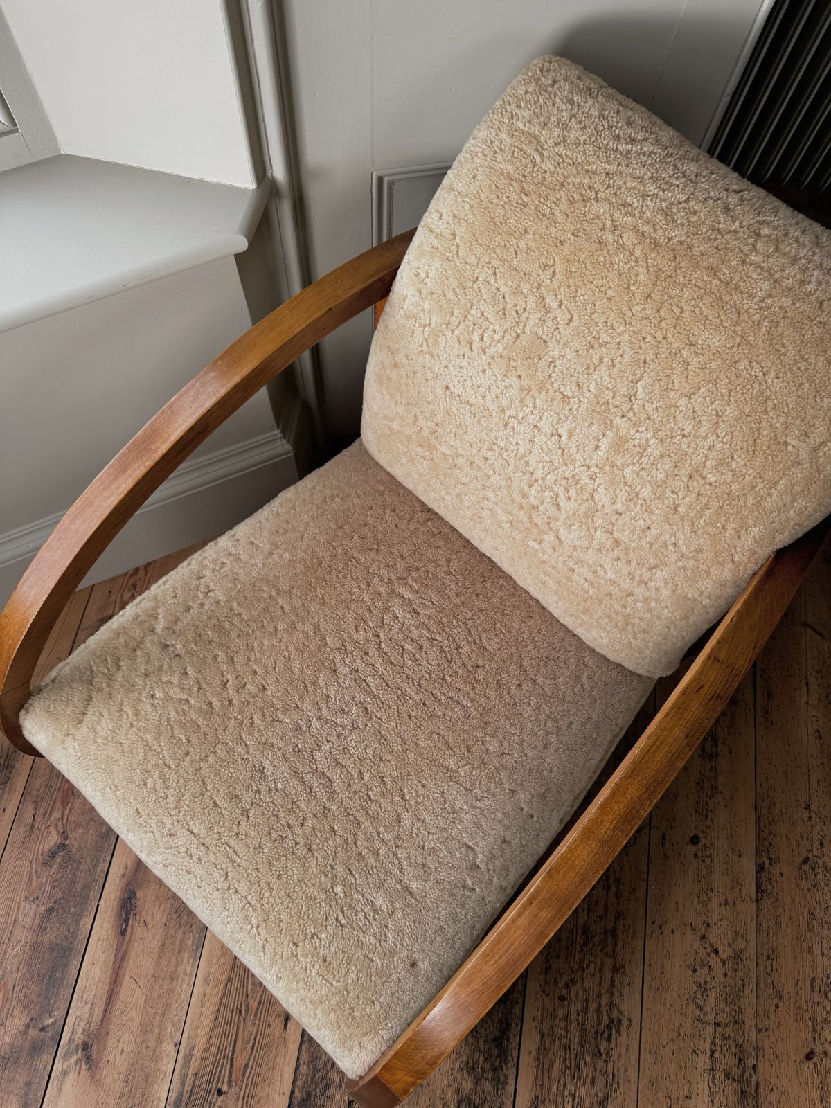 Danish Art Deco Wooden Armchair Reupholstered In Genuine Cream Sheepskin photo for sale