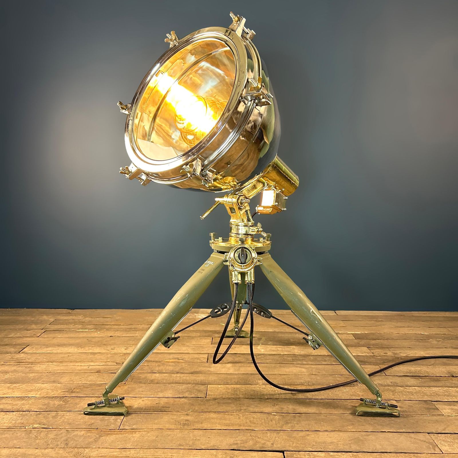 Late Century Brass And Stainless Searchlight   Us Army Tripod And Marine Switch photo vinterior