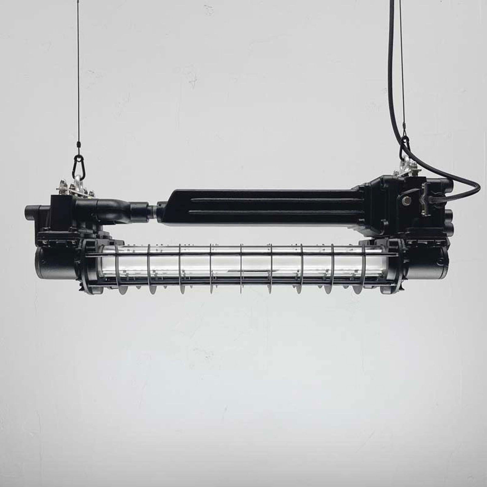 Late Century Industrial Flameproof Tube Light With Cage   Black & Brass Finish photo furniture