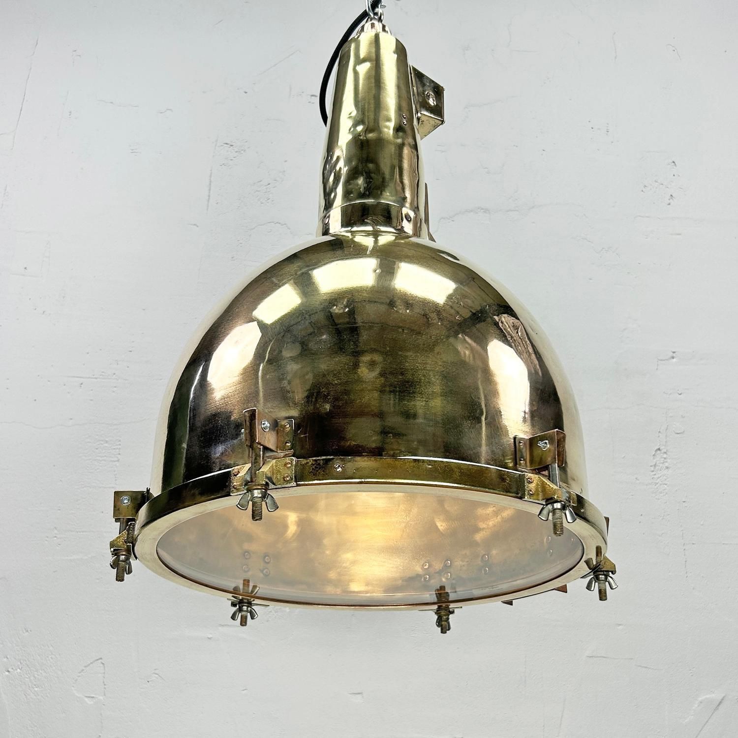 1970's Xl Japanese Brass Marine Nautical Searchlight Pendant Ceiling Lamp photo for sale