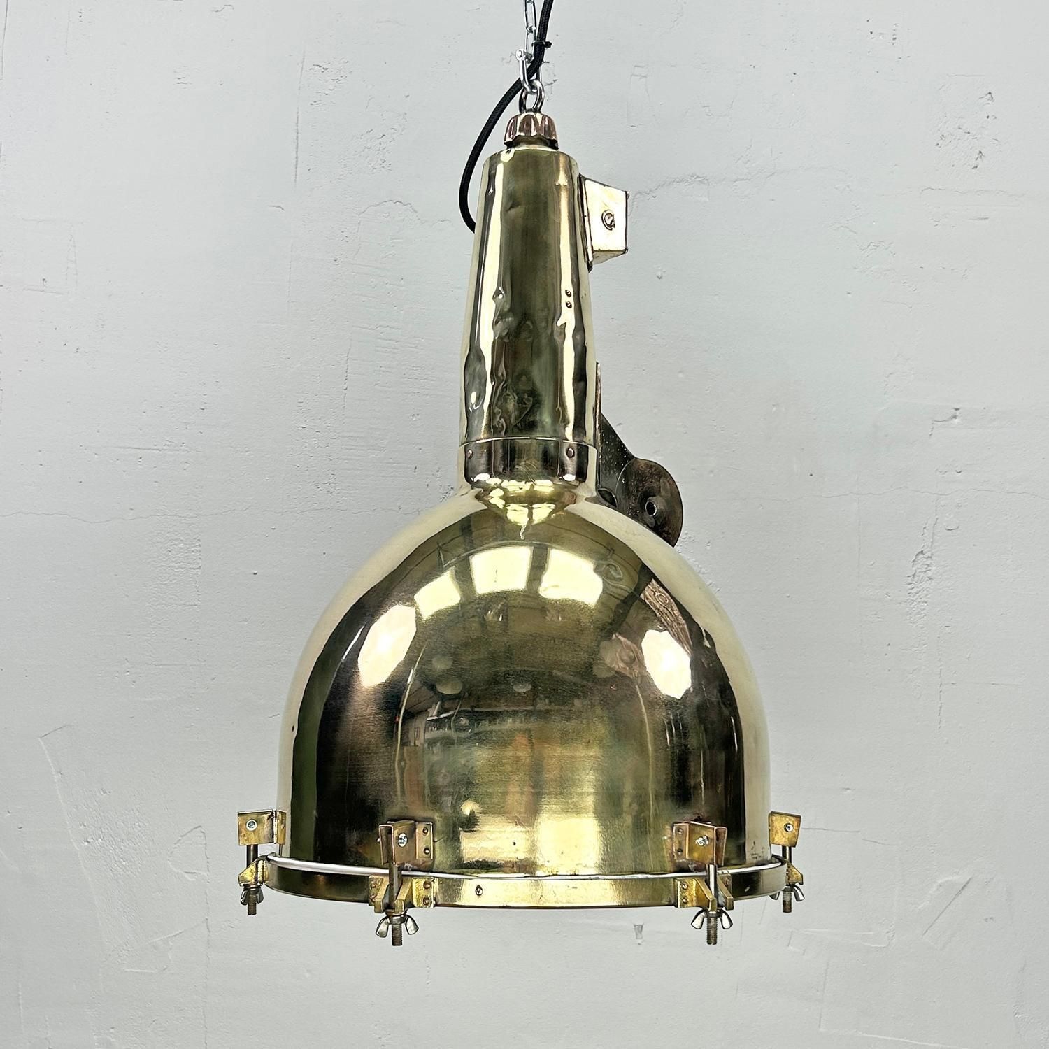 1970's Xl Japanese Brass Marine Nautical Searchlight Pendant Ceiling Lamp photo Lighting