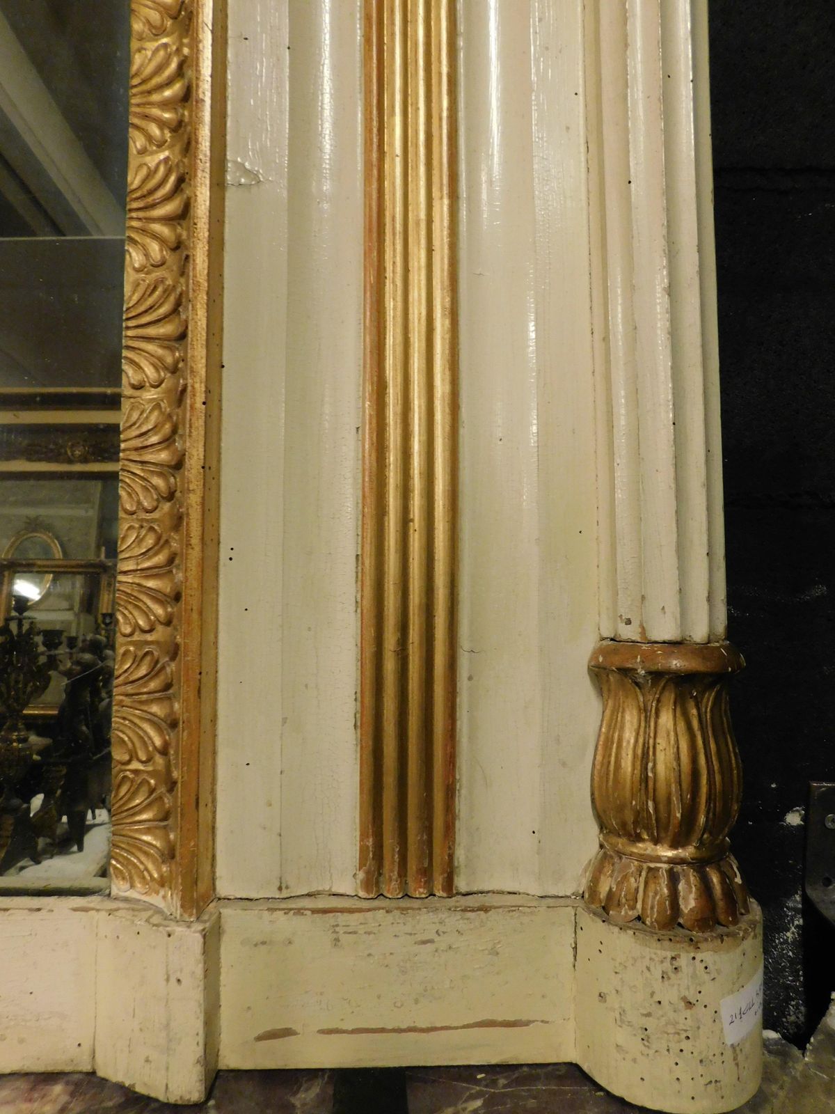 photo furniture Beige And Gilded Lacquered Wooden Mirror With Carved Side Columns, France