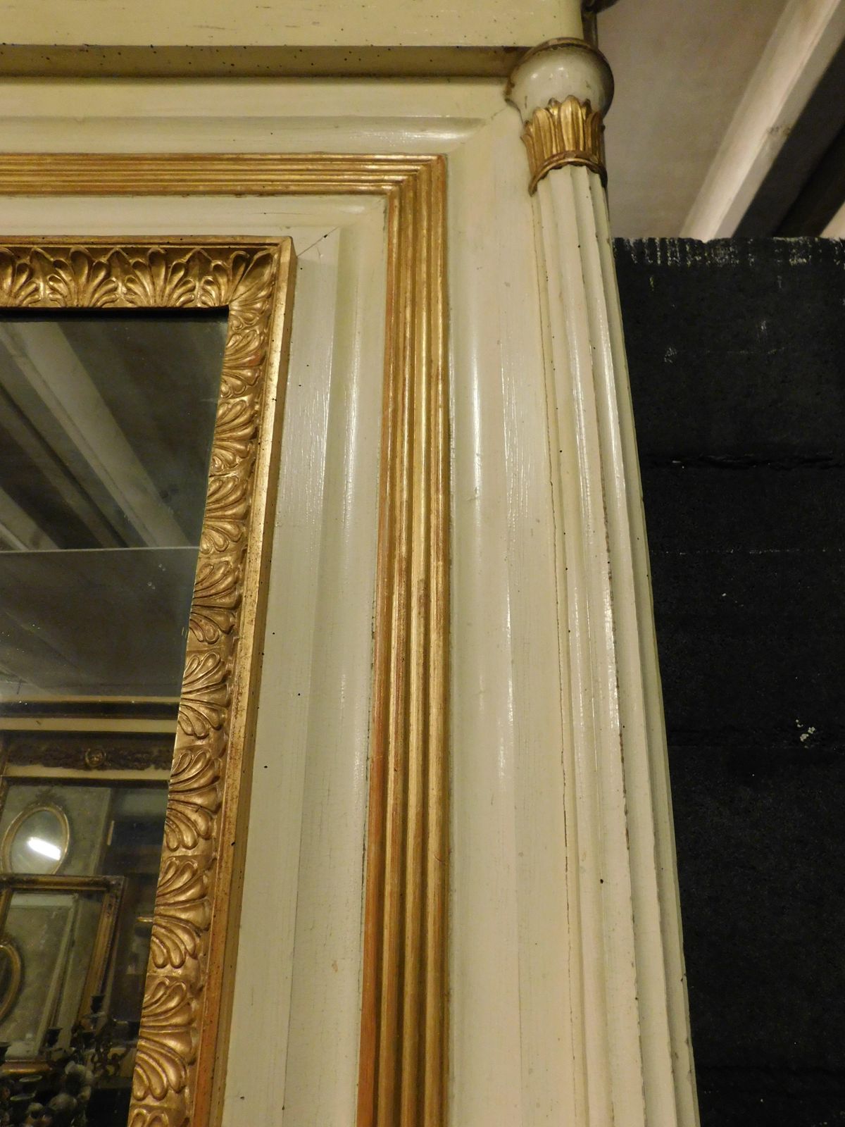 photo for sale Beige And Gilded Lacquered Wooden Mirror With Carved Side Columns, France