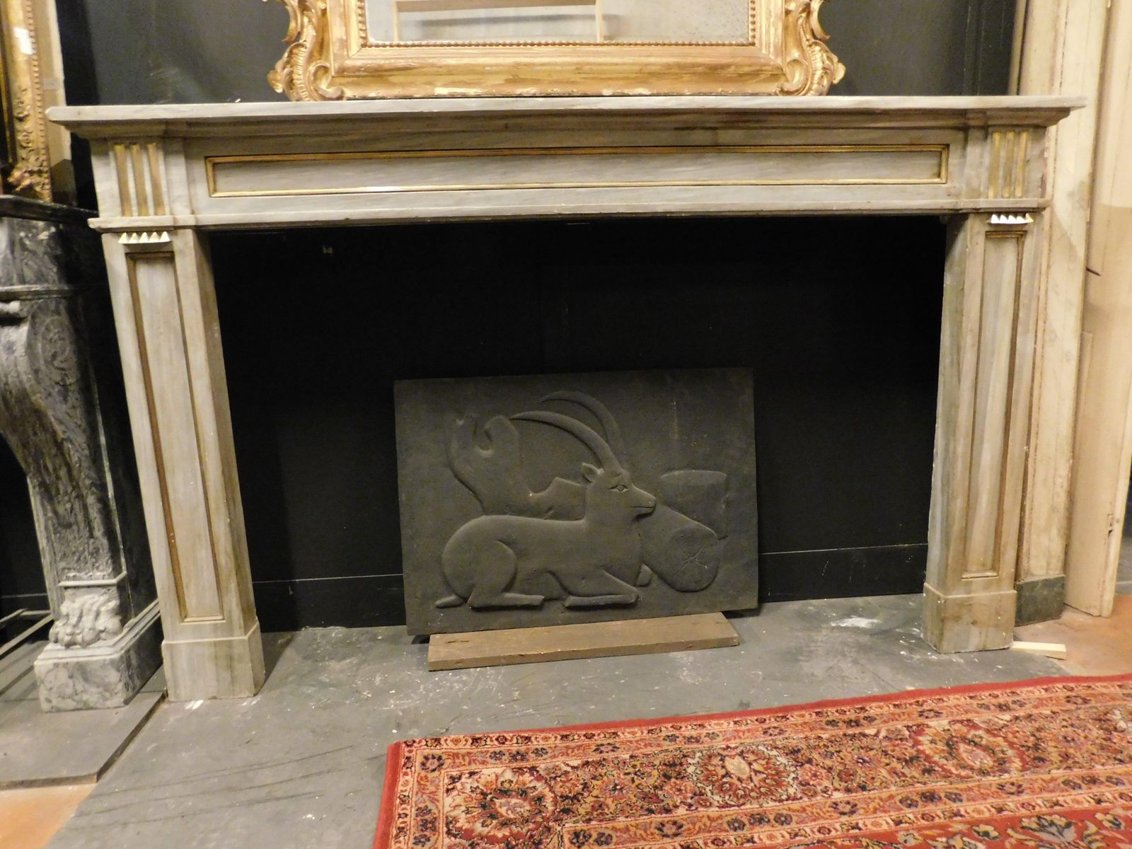 Louis XVI Fireplace Mantel In Grey Marble With Gold Trim, Italy photo 3693.0
