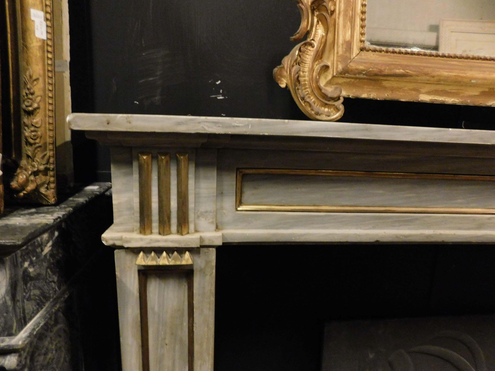 Louis XVI Fireplace Mantel In Grey Marble With Gold Trim, Italy photo buy