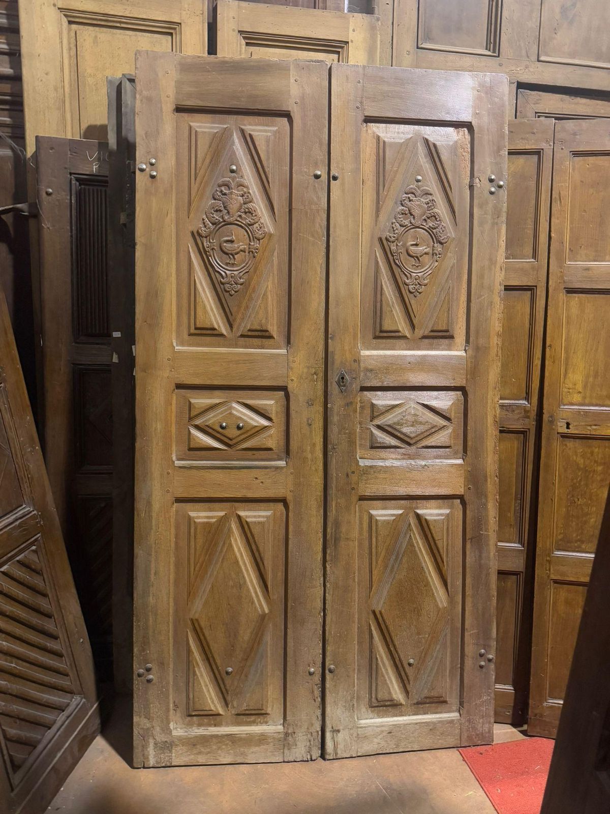 Entrance Door In Walnut, With Two Doors And Carved Panels, Italy photo vinterior