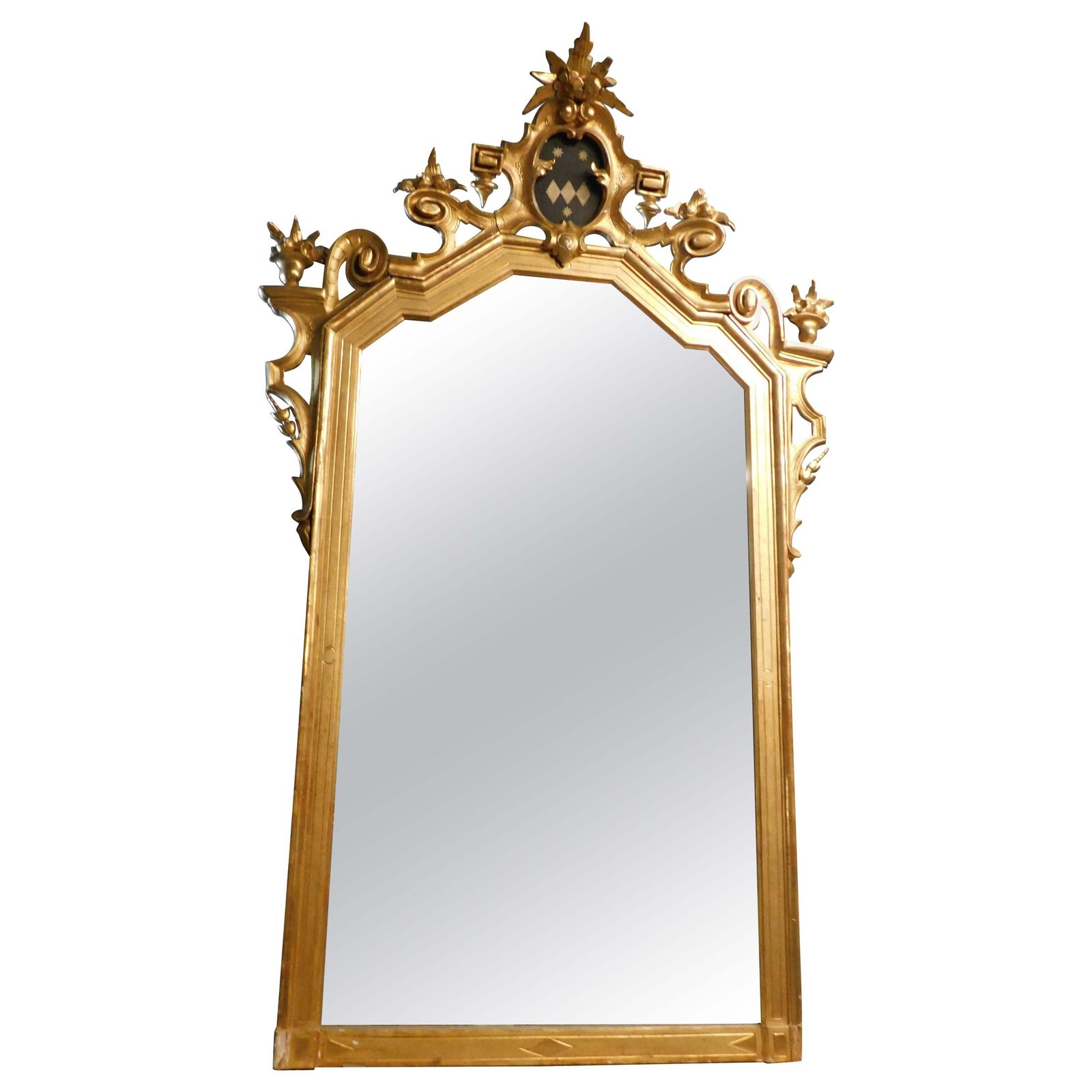 Large Gilded Wooden Mirror With Carved Top Centered By A Coat Of Arms, Italy