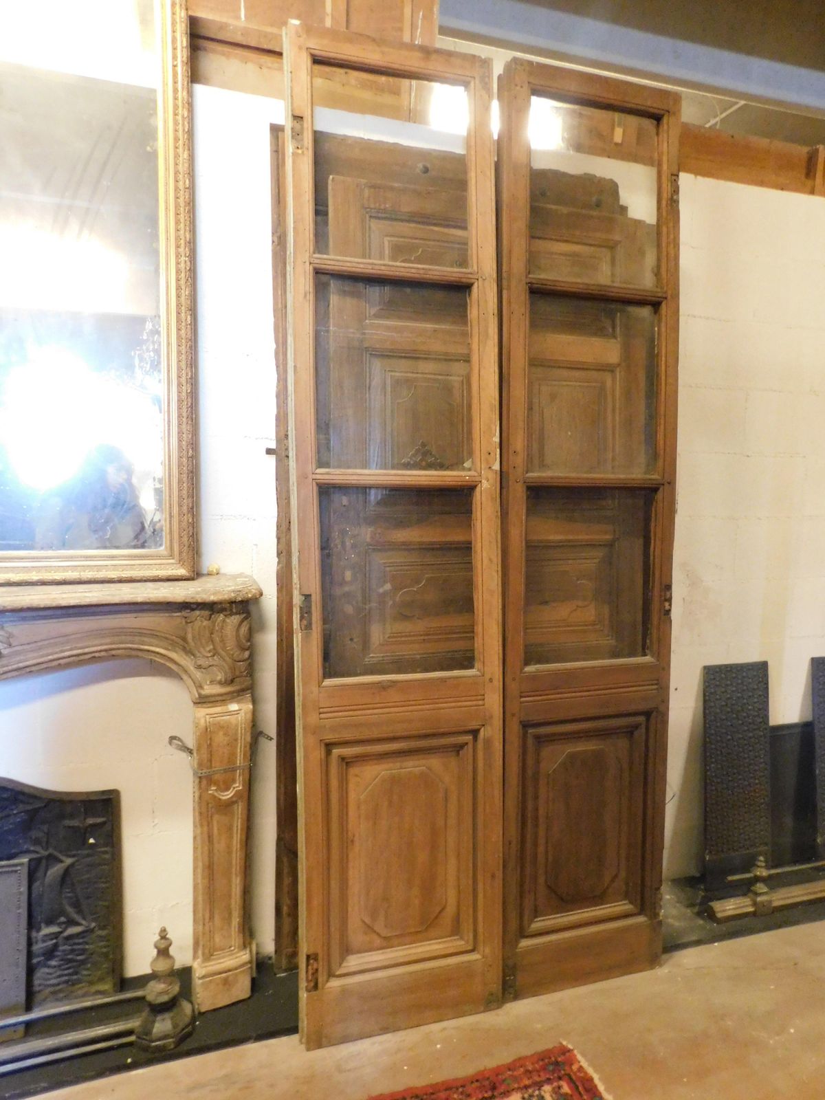 Double Glass Door In Wood With Carved Lower Panel, To Be Restored, Italy photo for sale