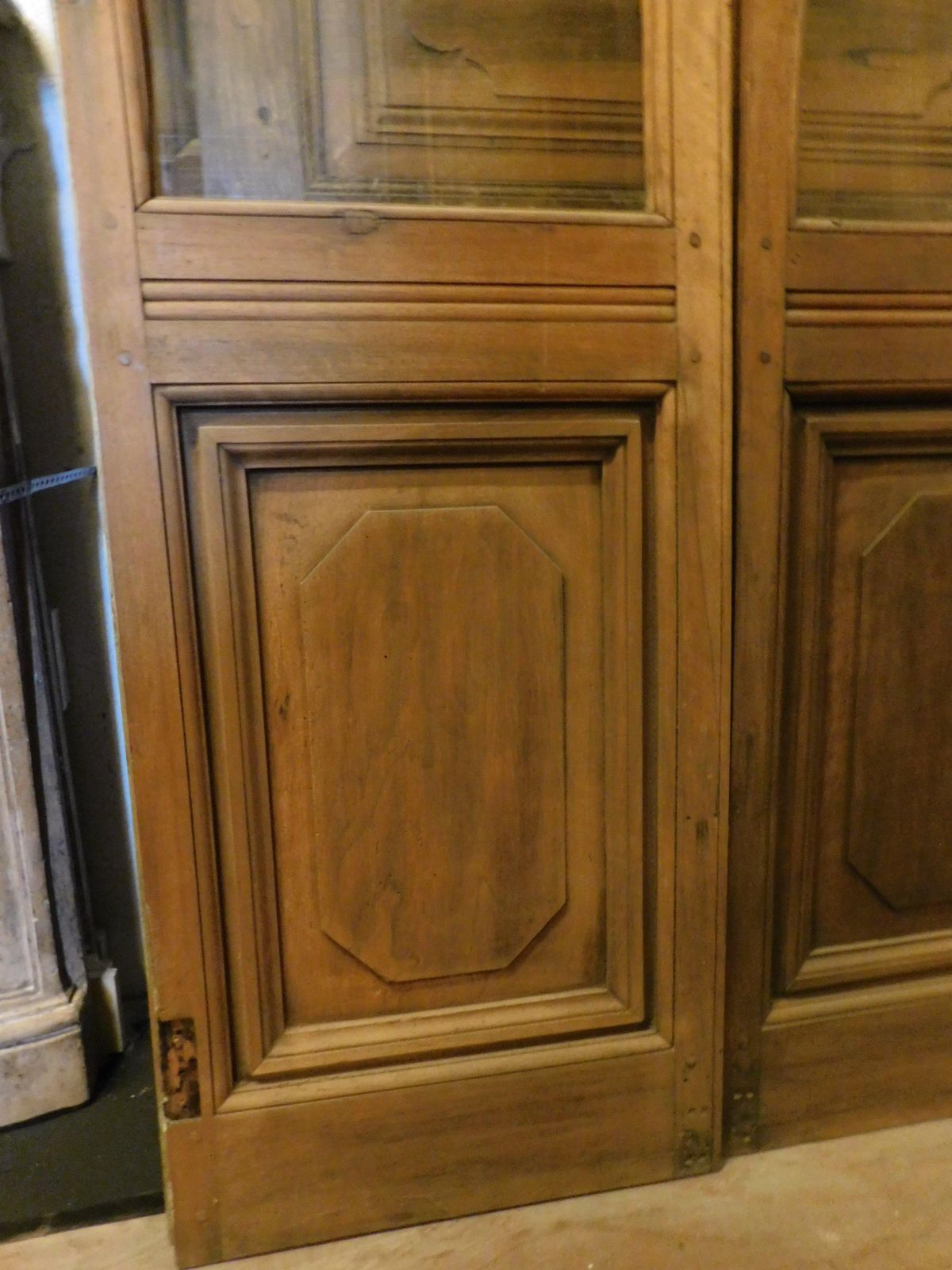 Double Glass Door In Wood With Carved Lower Panel, To Be Restored, Italy photo Home Fixtures