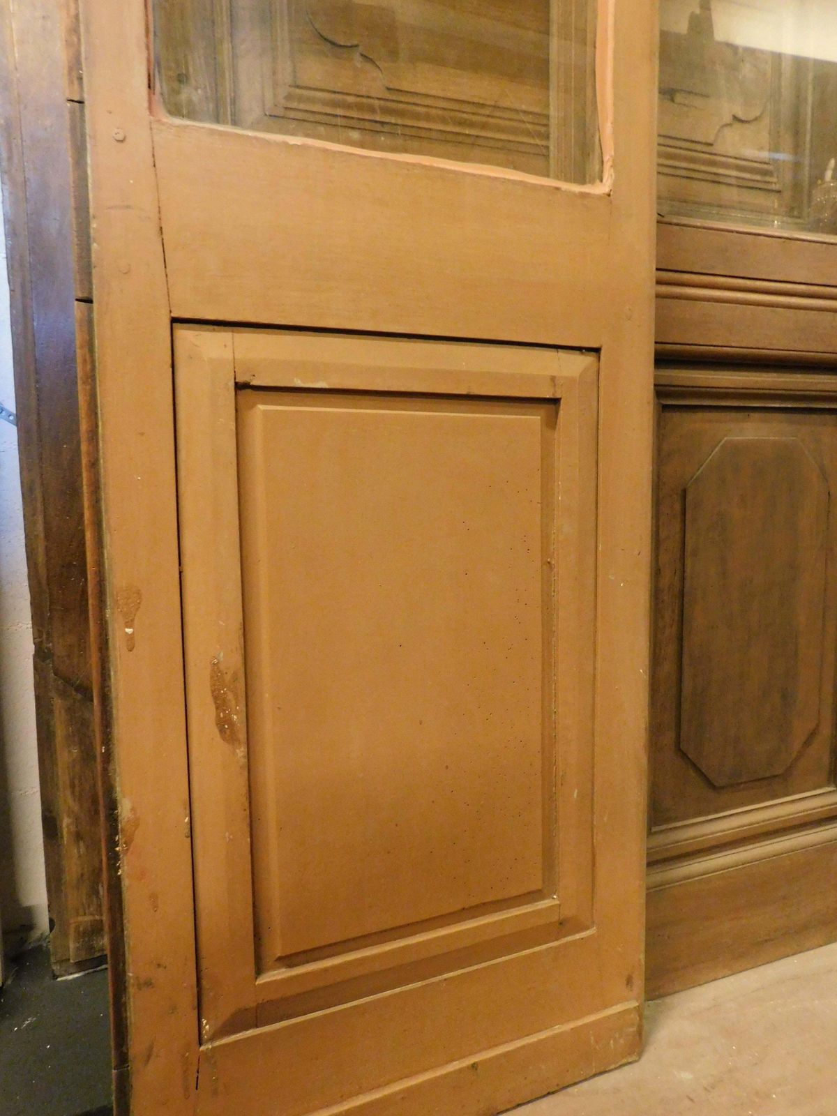 photo for sale Double Glass Door In Wood With Carved Lower Panel, To Be Restored, Italy