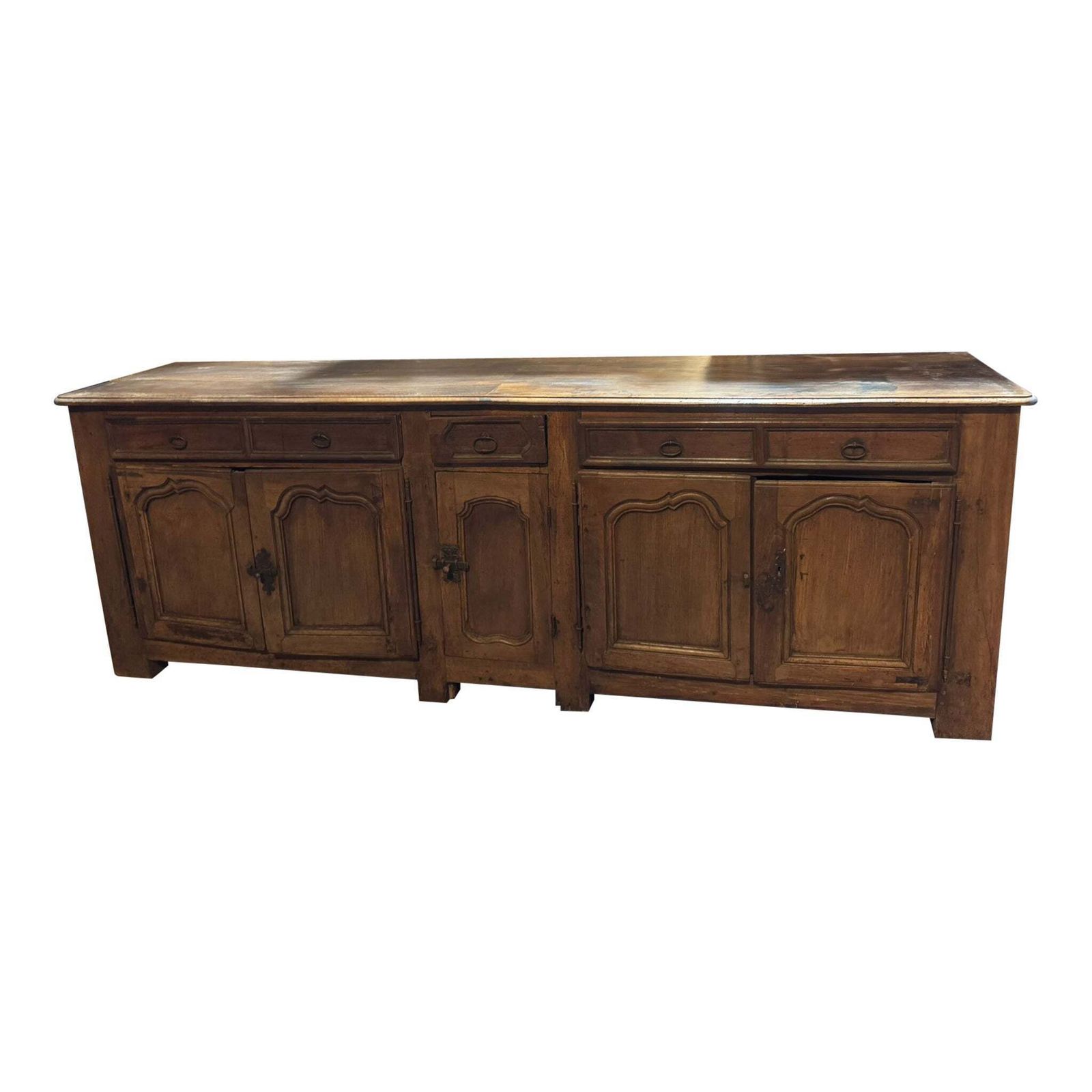 Low Sideboard In Walnut Wood, Five Carved Panel Doors And Five Drawers, France