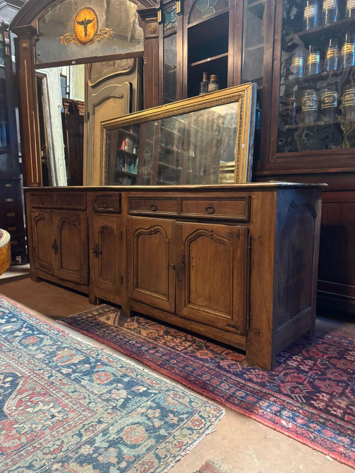 Low Sideboard In Walnut Wood, Five Carved Panel Doors And Five Drawers, France photo Furniture