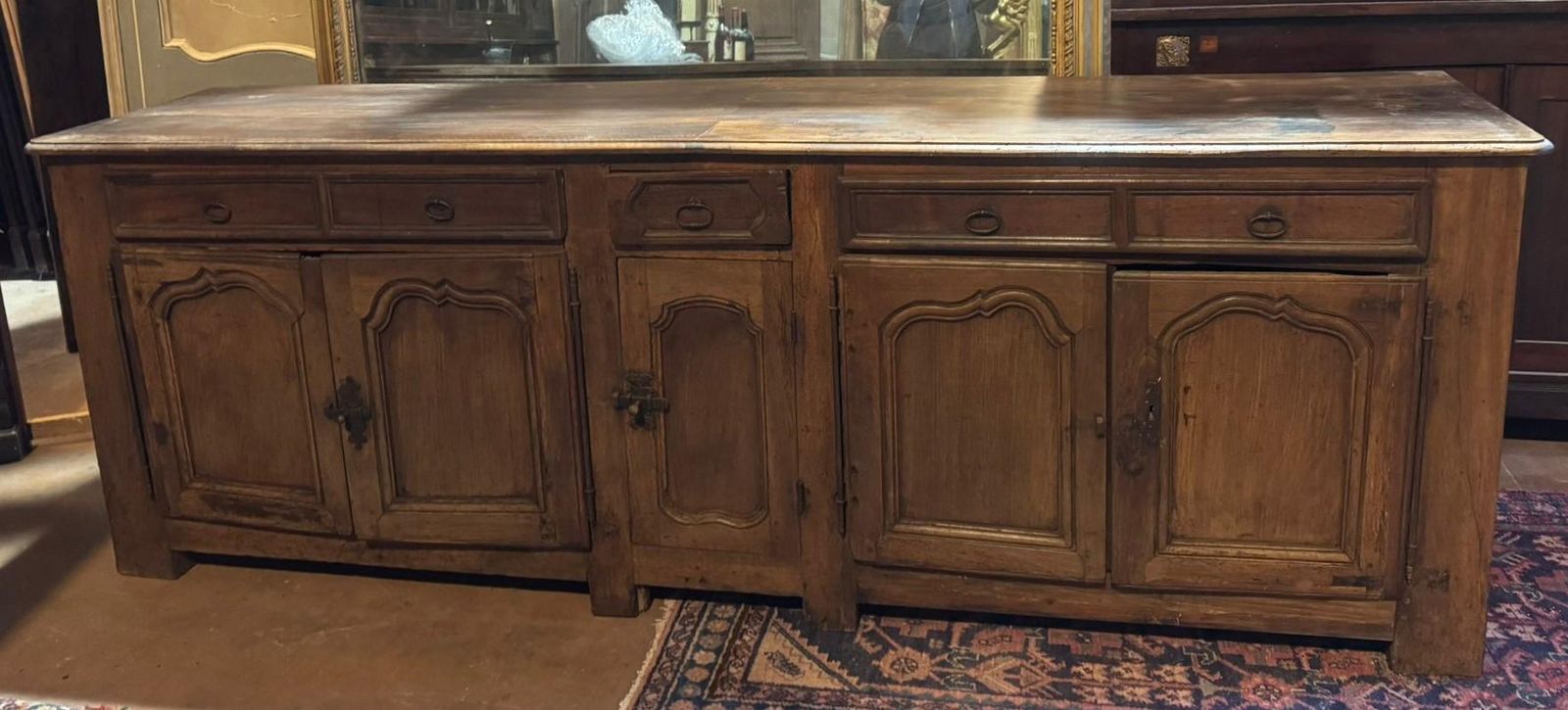 photo for sale Low Sideboard In Walnut Wood, Five Carved Panel Doors And Five Drawers, France