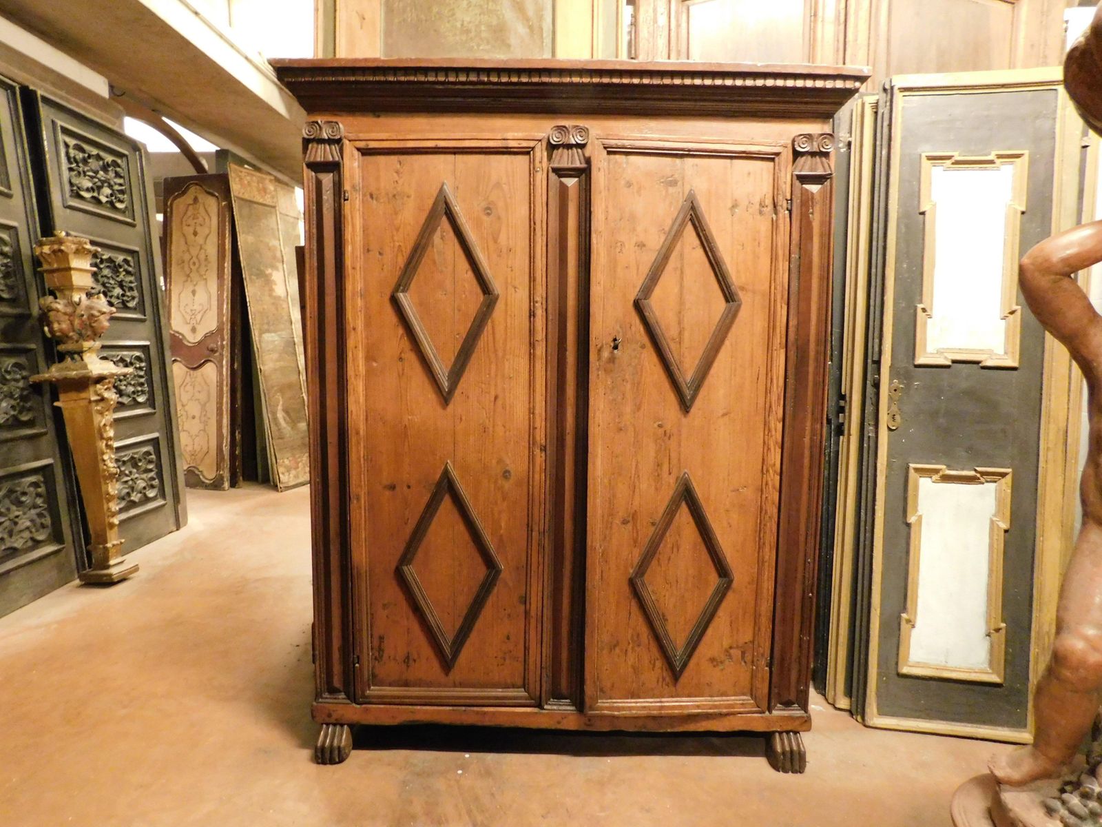 Armoires Wardrobe In Larch Wood With Two Doors With Carved Rhombuses, Italy photo furniture