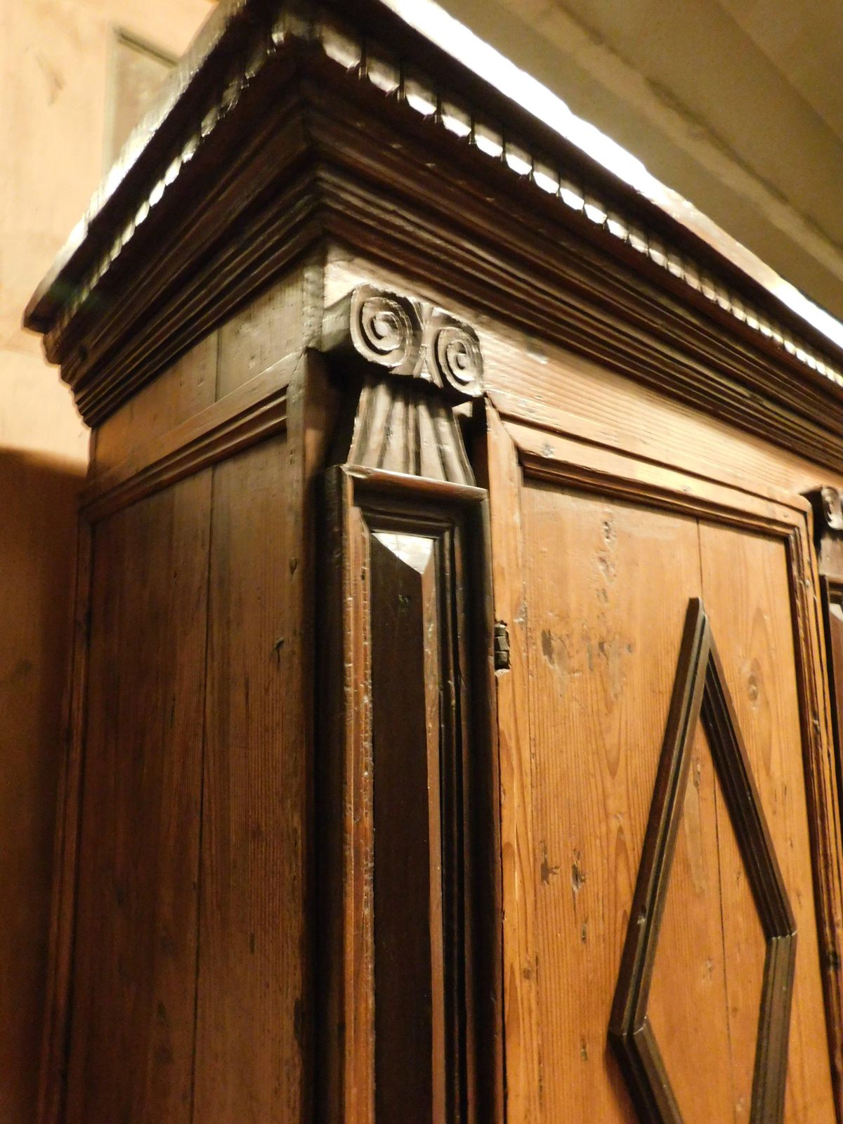 Armoires Wardrobe In Larch Wood With Two Doors With Carved Rhombuses, Italy photo vintage