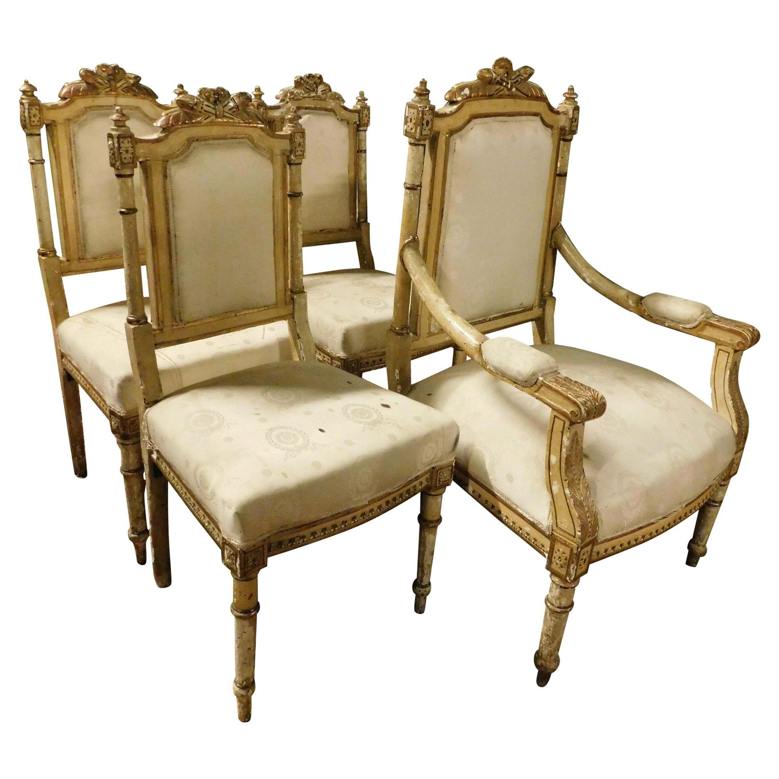 Living Room Set With 1 Armchair And 3 Carved And Gilded Chairs, Italy