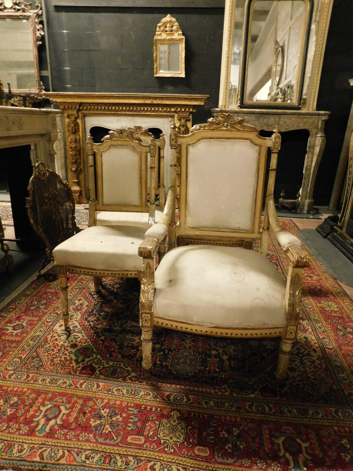Living Room Set With 1 Armchair And 3 Carved And Gilded Chairs, Italy photo for sale