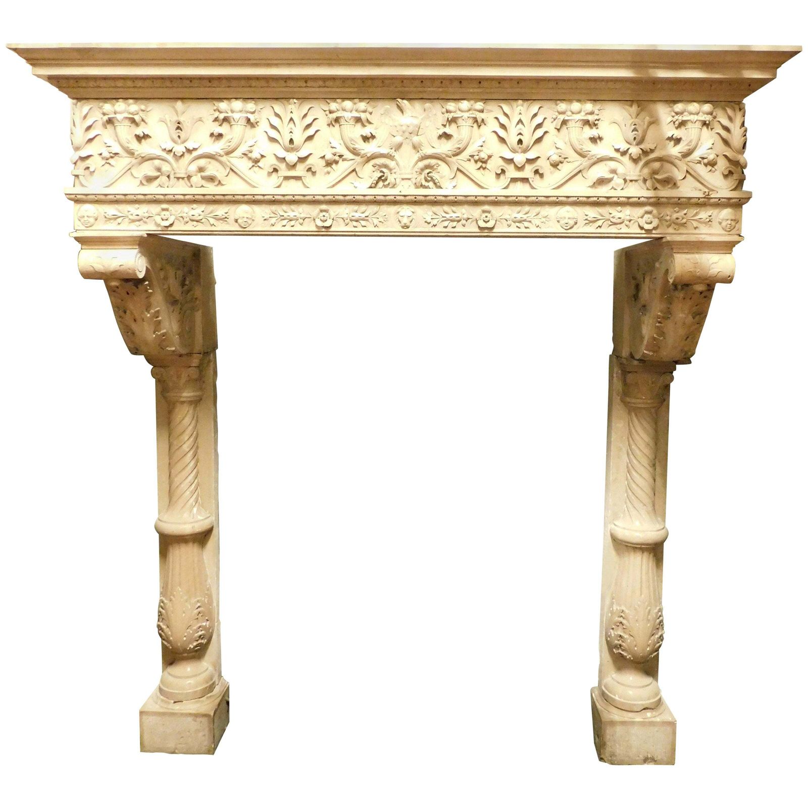 Majestic Eclectic Mantle Fireplace, Richly Carved In Botticino Marble, Italy