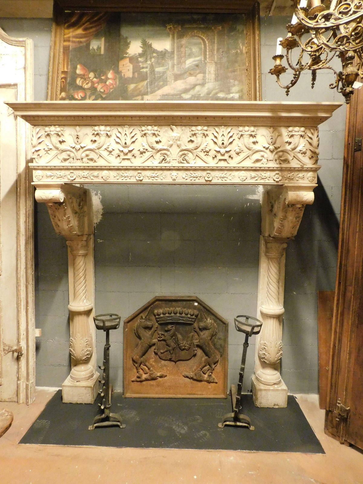 Majestic Eclectic Mantle Fireplace, Richly Carved In Botticino Marble, Italy photo 17177.0