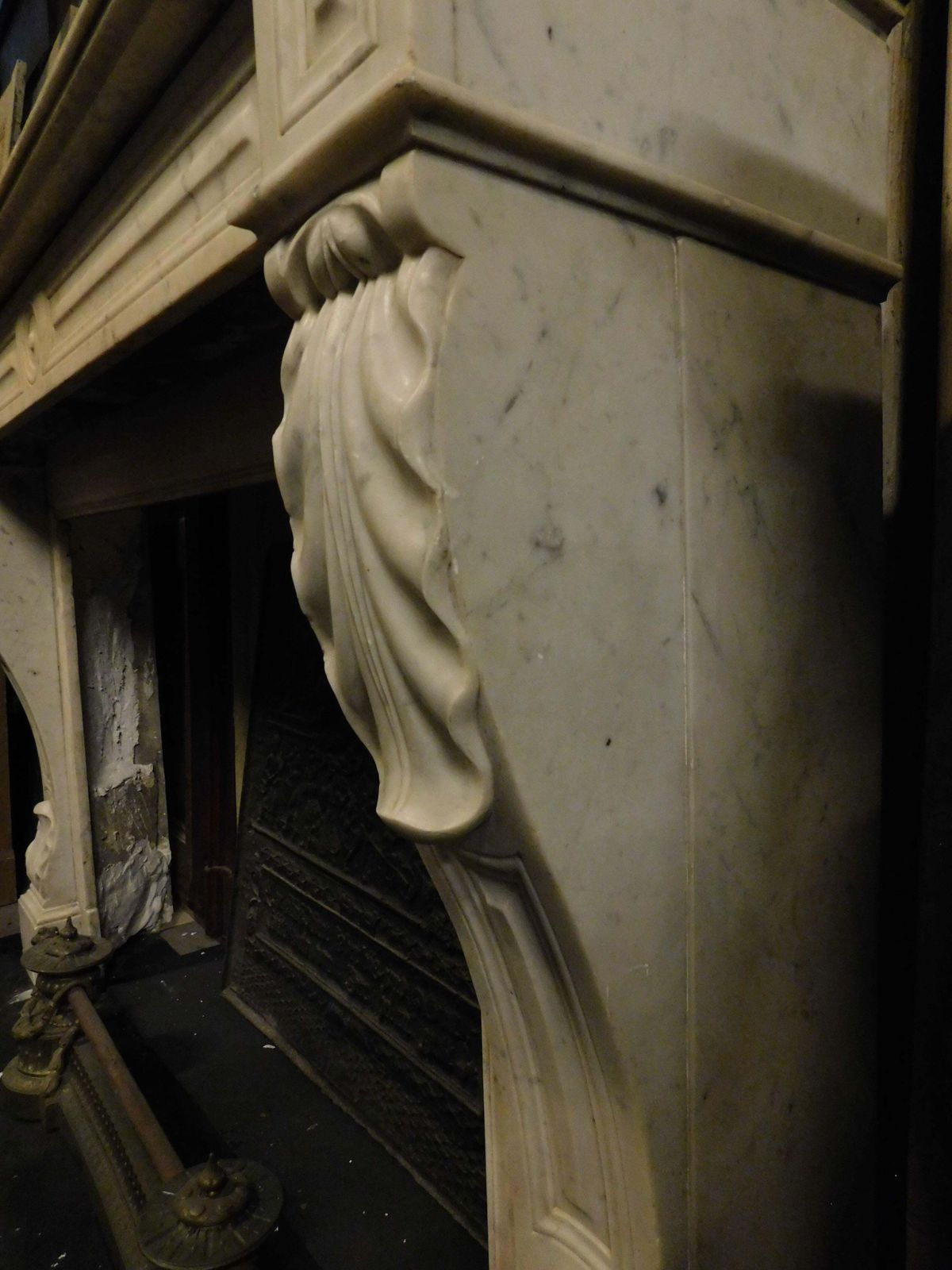 White Carrara Marble Fireplace, With Carved Acanthus Leaves, France photo vintage