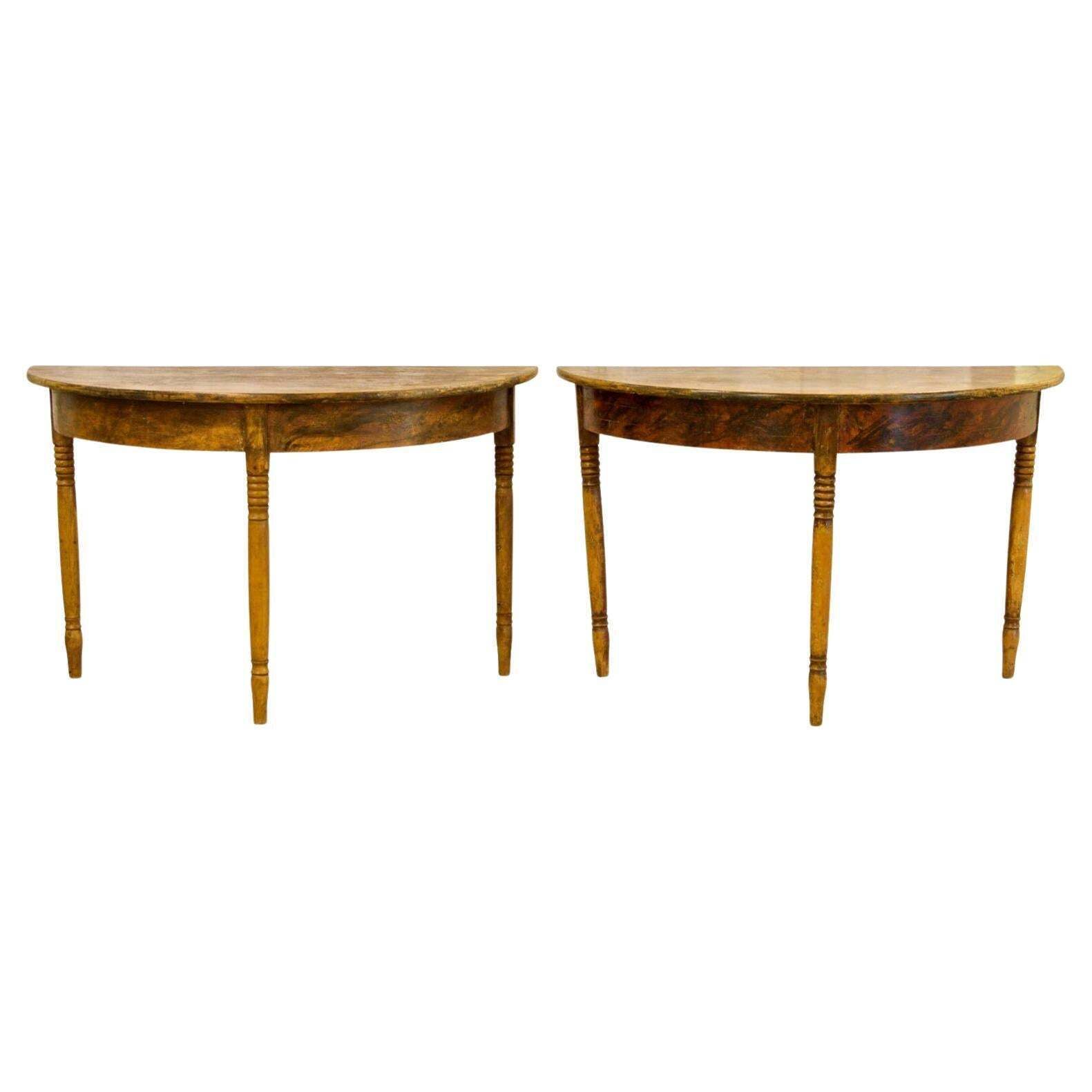 Swedish Gustavian Demilune Tables 1800s Faux Wood Grain Folk Art Gustavian A