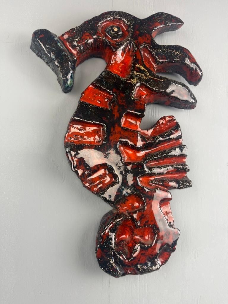 Brutalist Big Seahorse Ceramic Wall Decoration  Piet Lemahieu, Belgium    1960 photo for sale