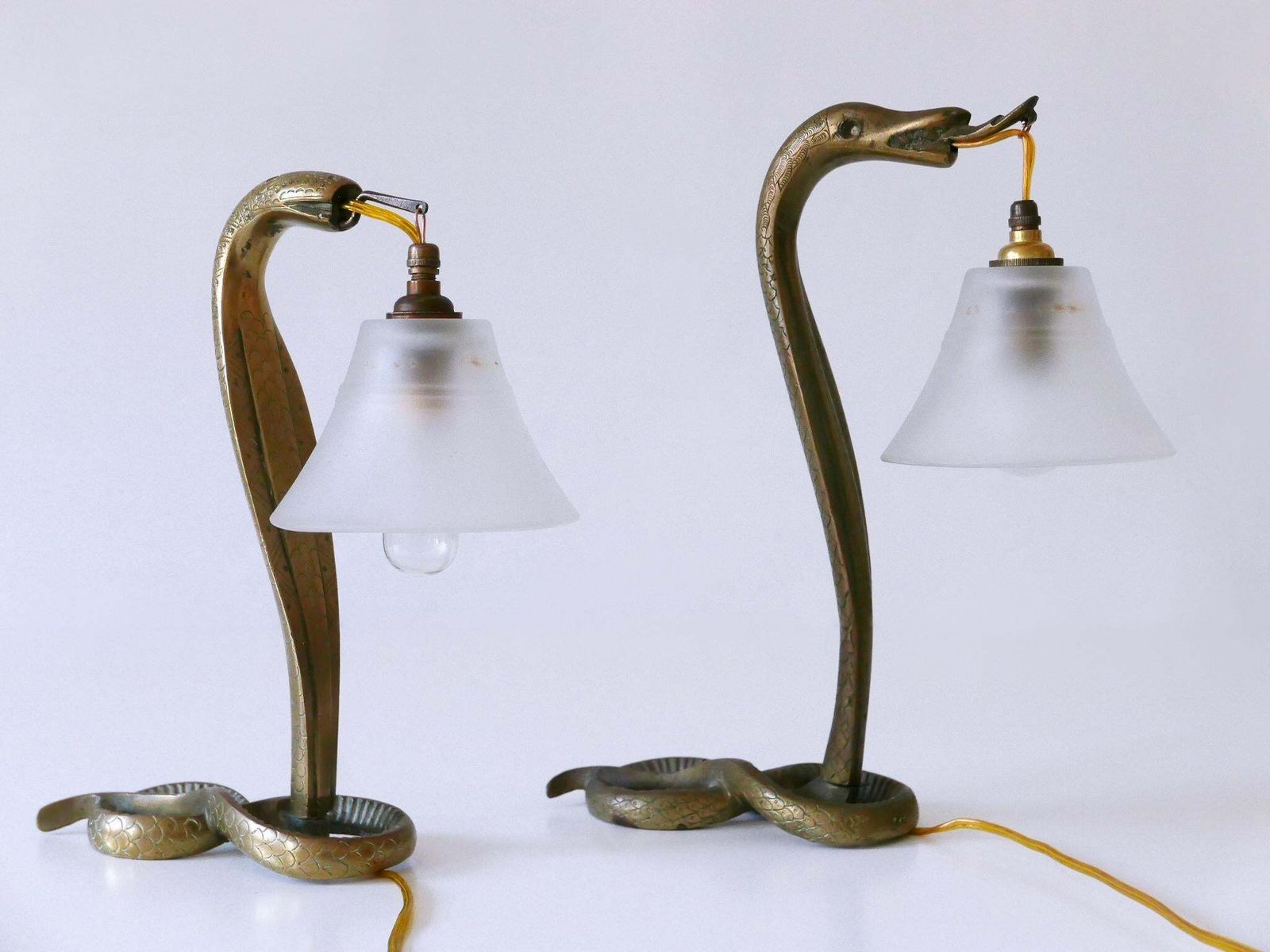 Set Of Two Decorative Art Nouveau Bronze Cobra Table Lamps 1910s photo for sale