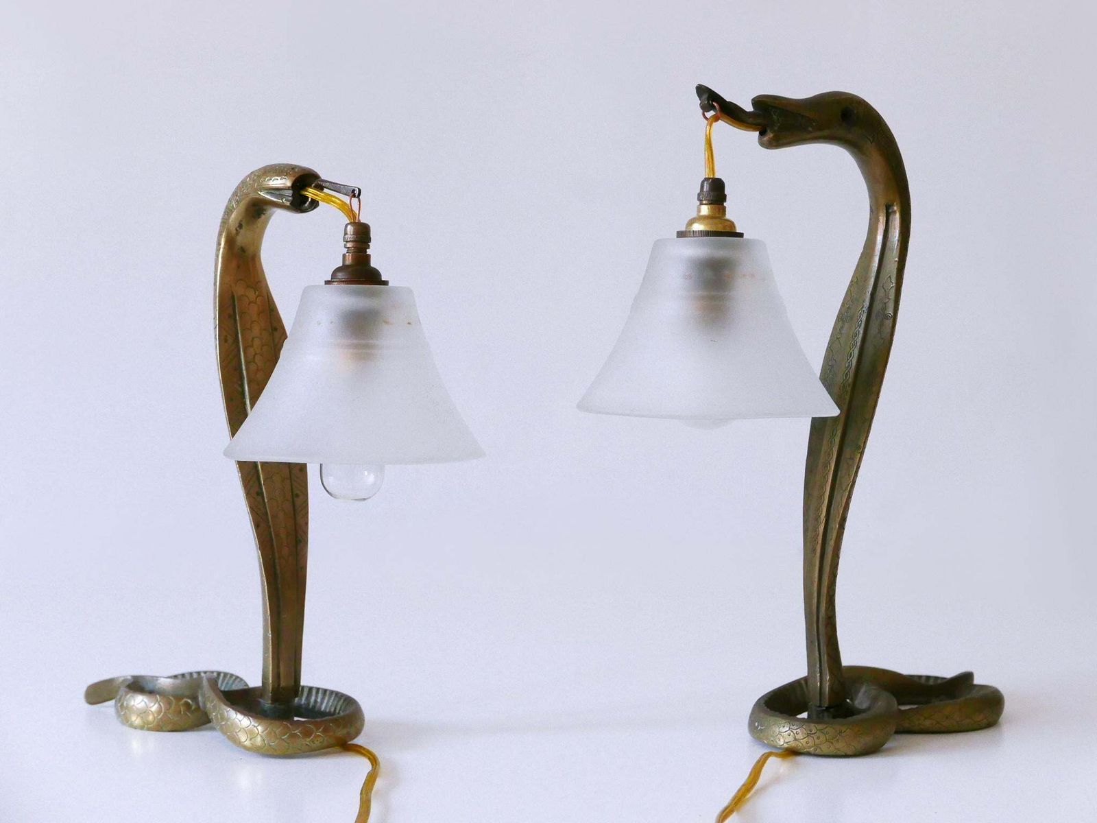 Set Of Two Decorative Art Nouveau Bronze Cobra Table Lamps 1910s photo 1546.0