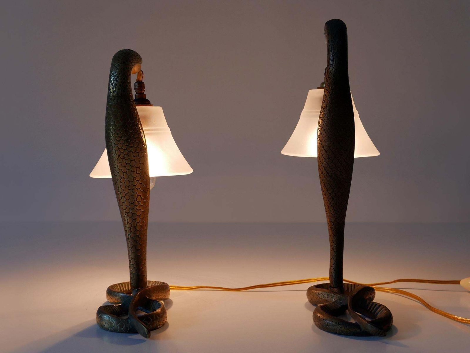 photo vintage Set Of Two Decorative Art Nouveau Bronze Cobra Table Lamps 1910s
