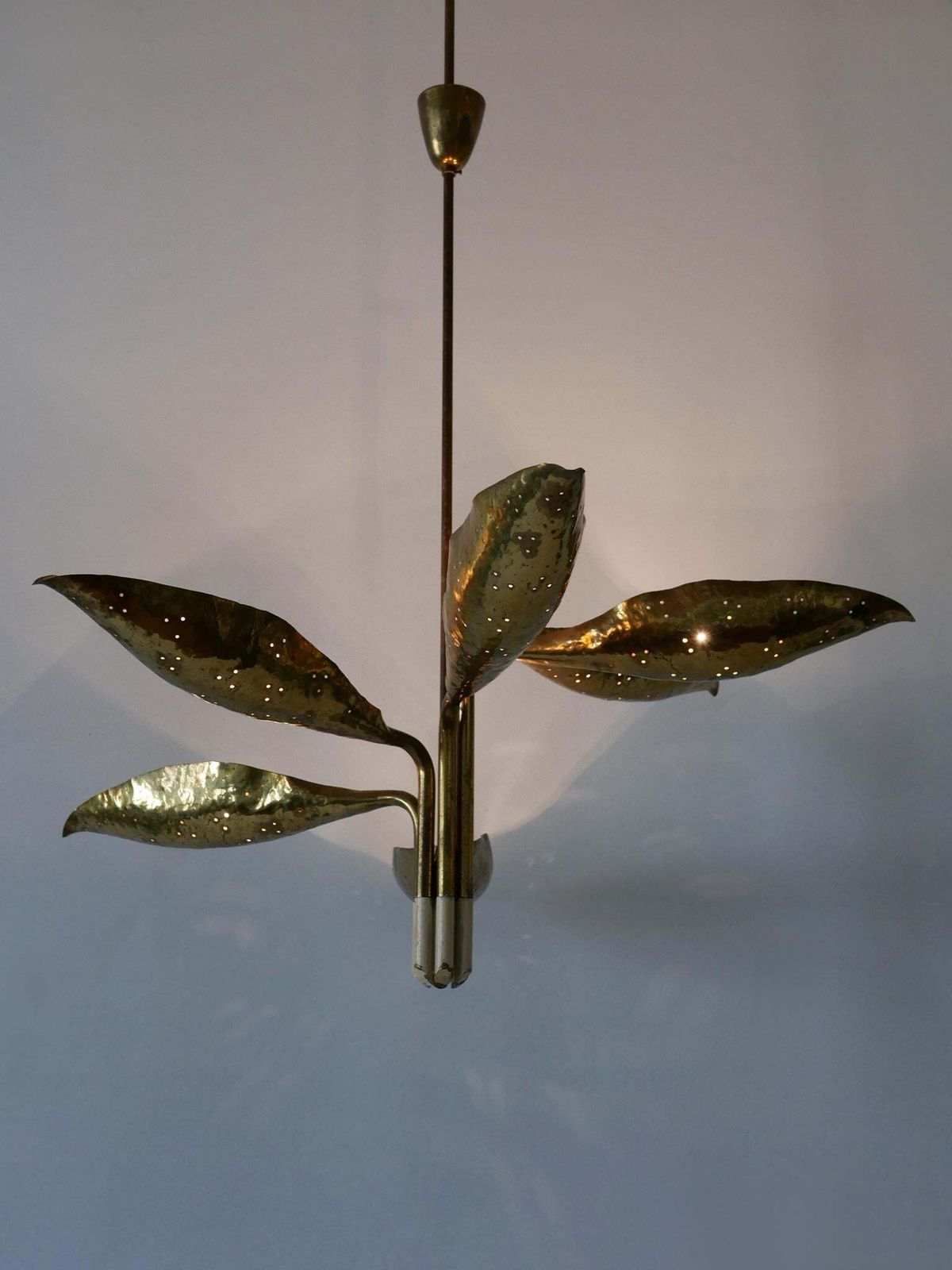 photo for sale Angelo Lelii Hammered & Perforated Brass Chandelier For Arredoluce Italy 1950s